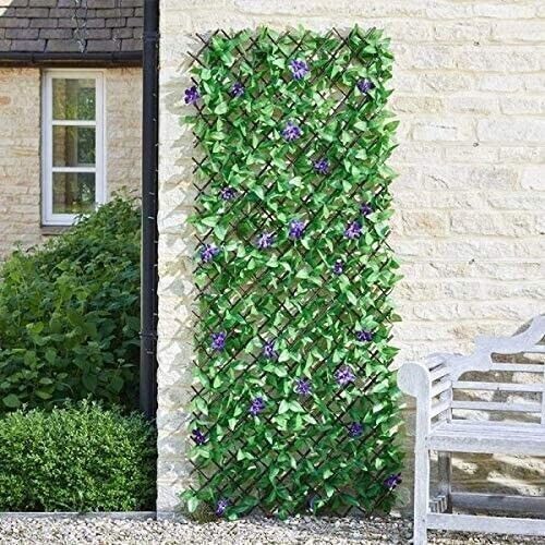 Expandable Lilac Bloom Trellis Artificial Leaves Flowers Faux Garden Wall Fence