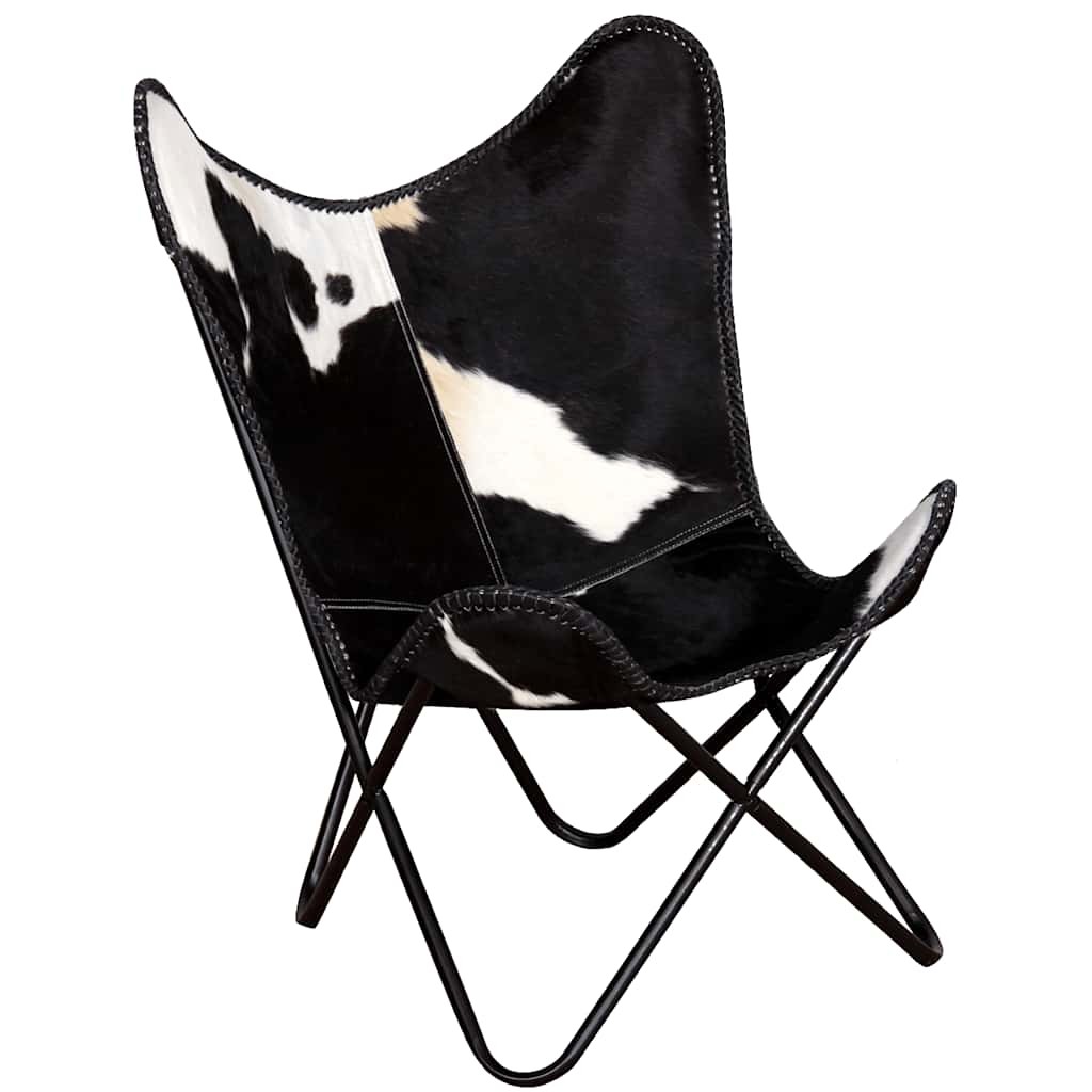 Butterfly Chair Camping Black and White Real Cowhide Leather vidaXL