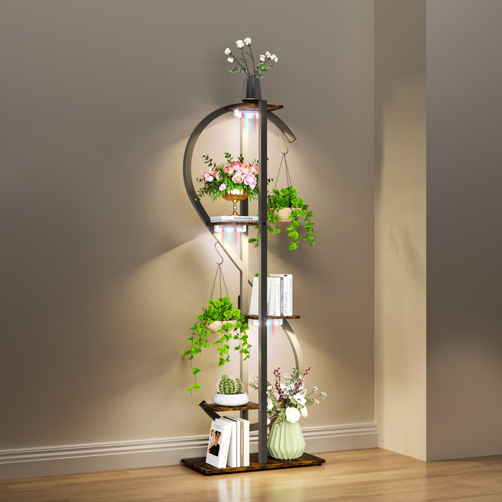 Multi Tiers Tall Plant Stand Indoor with Grow Light Metal S Shaped Display Rack