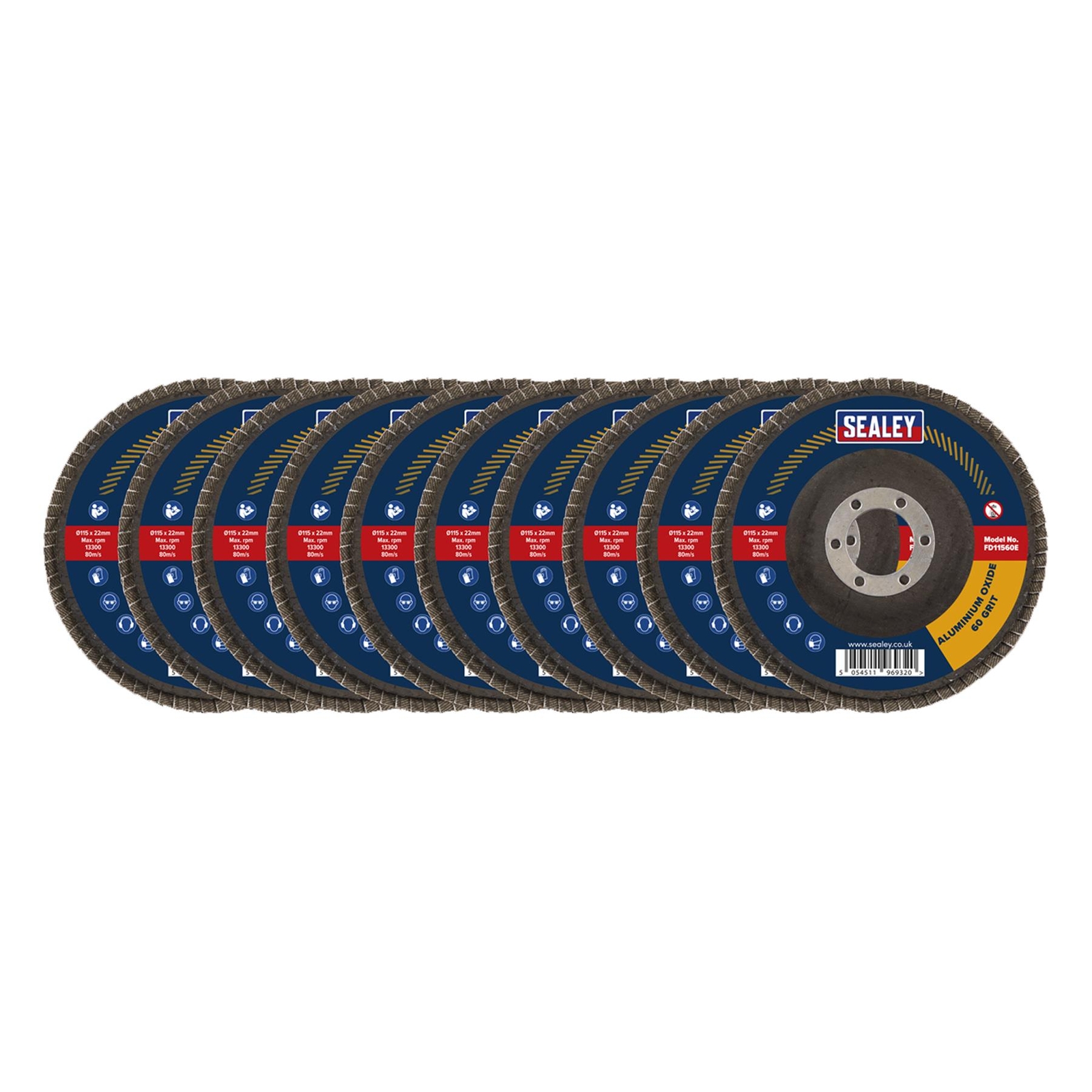 Sealey Assorted Grit Flap Discs Aluminium Oxide 115mm 22mm Bore 10Pcs FD115E