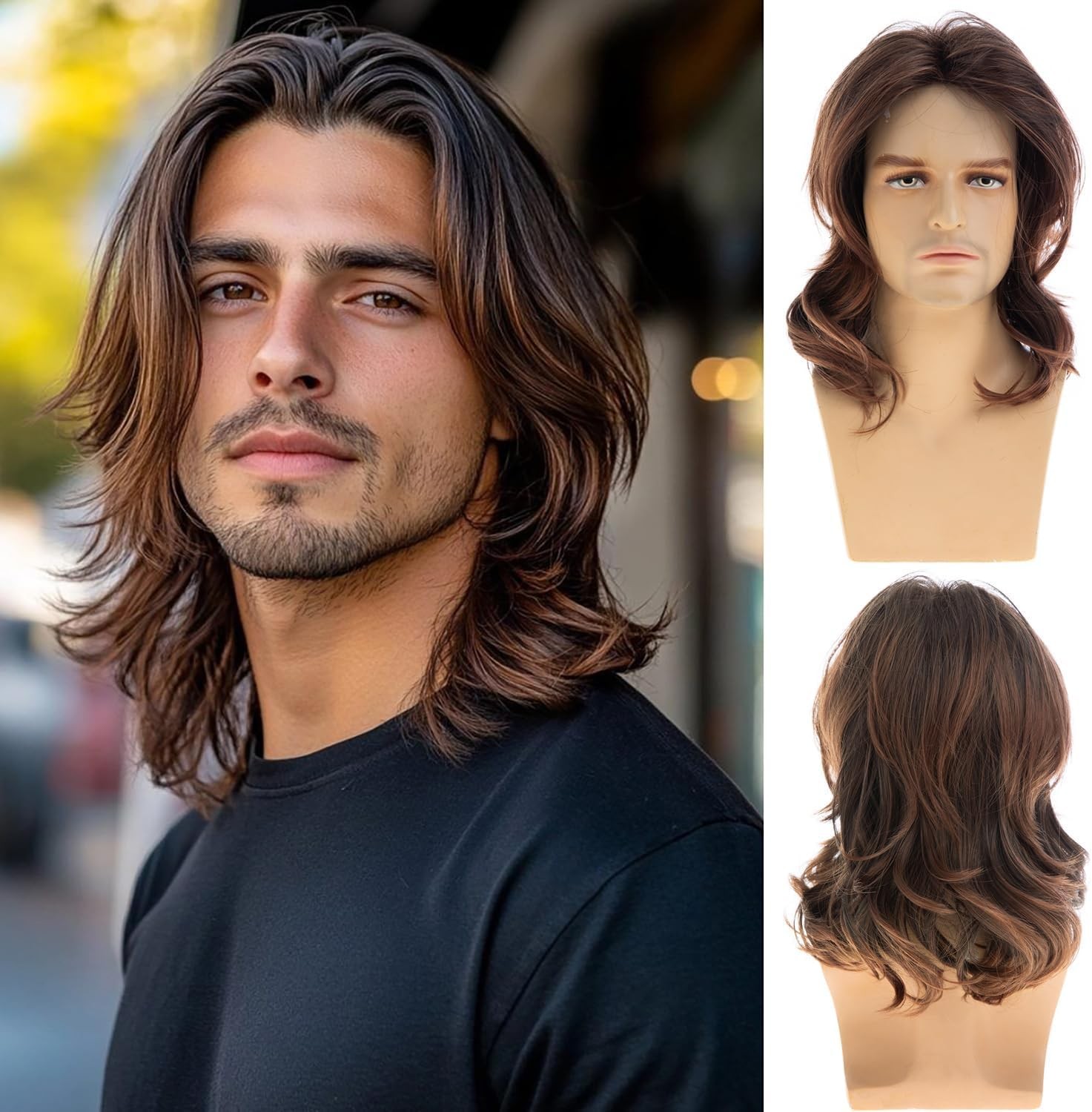 Long Wavy Brown Wig for Men Middle Part Synthetic Heat Resistant Halloween Cosp