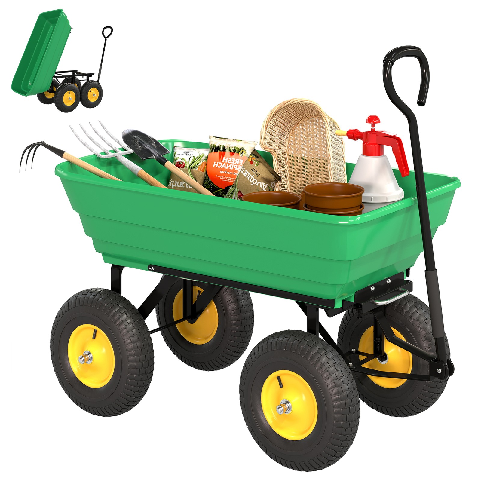 Outsunny 75L Garden Cart Trolley Dump Wheelbarrow Trailer Truck 4 Wheels Green