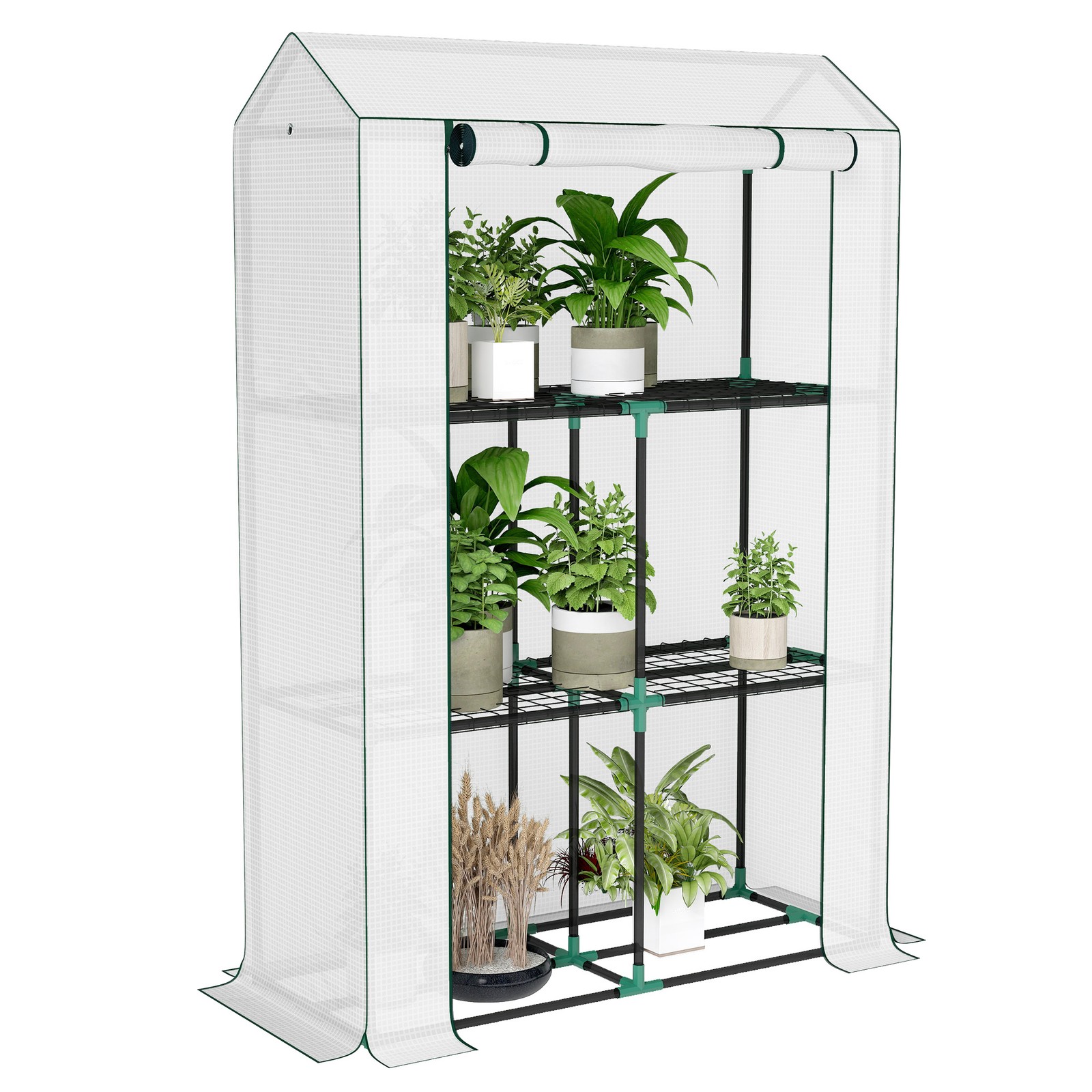 Outsunny 3 Tier Mini Greenhouse with PE Cover, Roll-Up Door, White