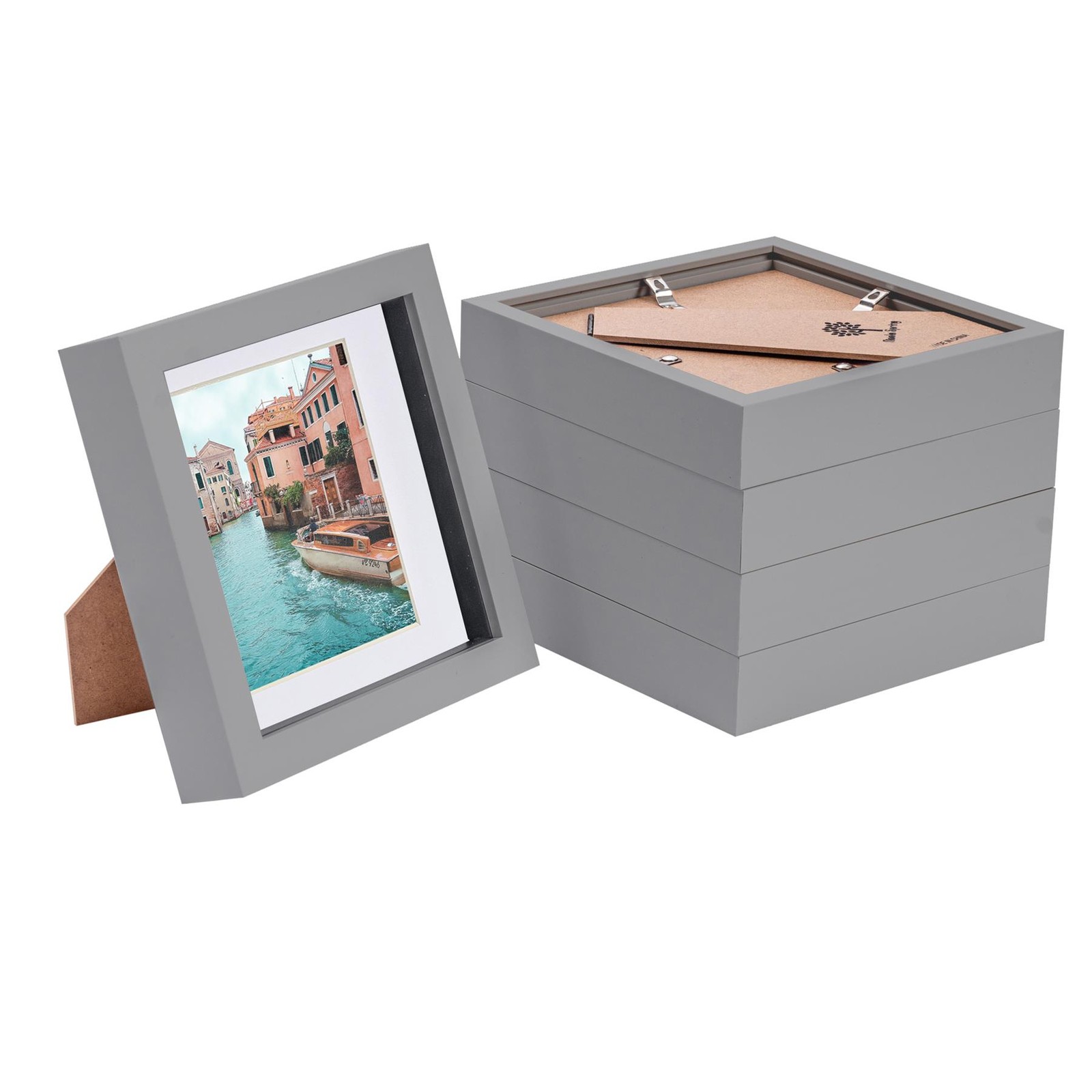 5x Grey 6" x 6" Acrylic 3D Box Photo Picture Frame - White 4" x 4" Mount