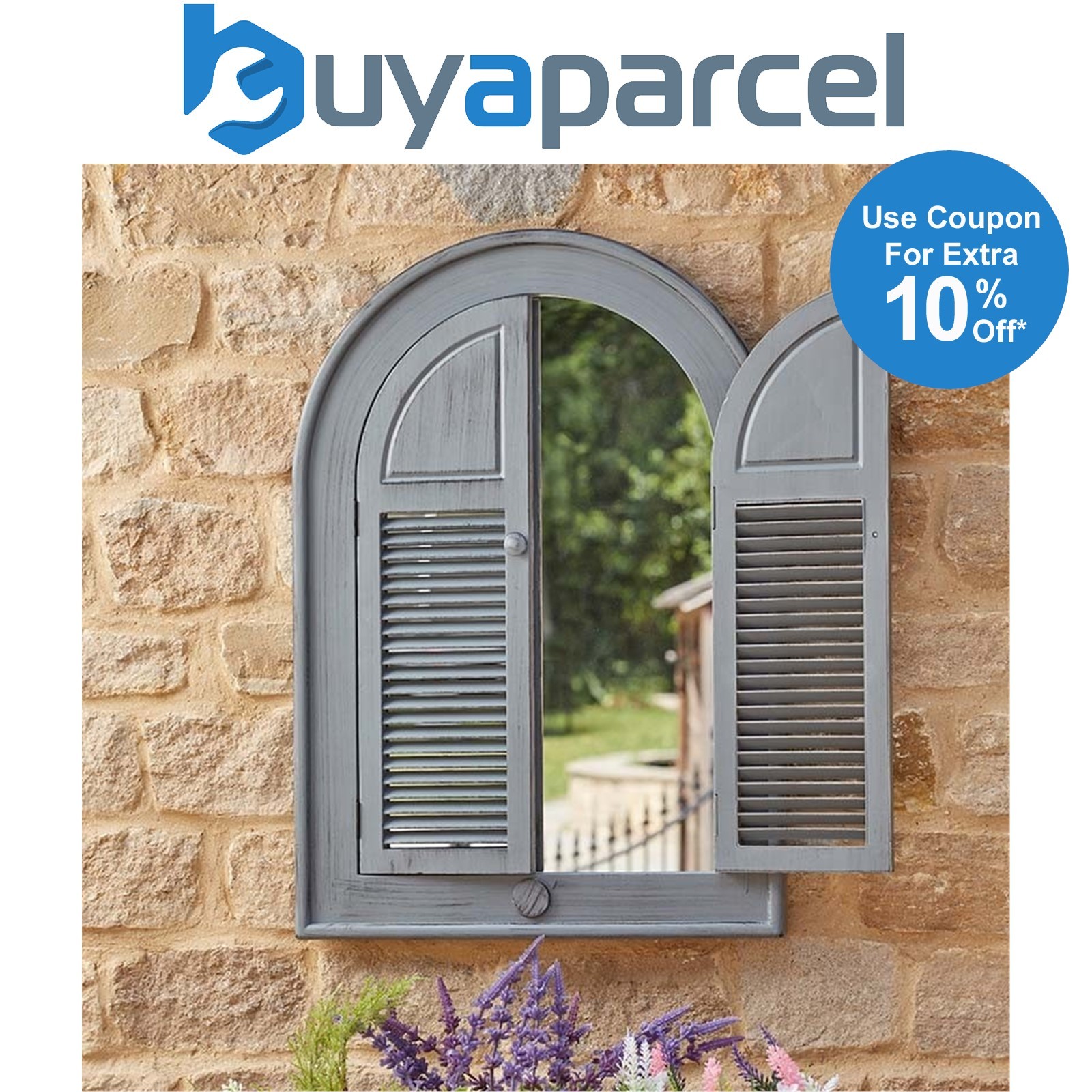 Smart Garden Louvre Grey Arched Shutter Window Wall Mirror Garden Outdoor Indoor