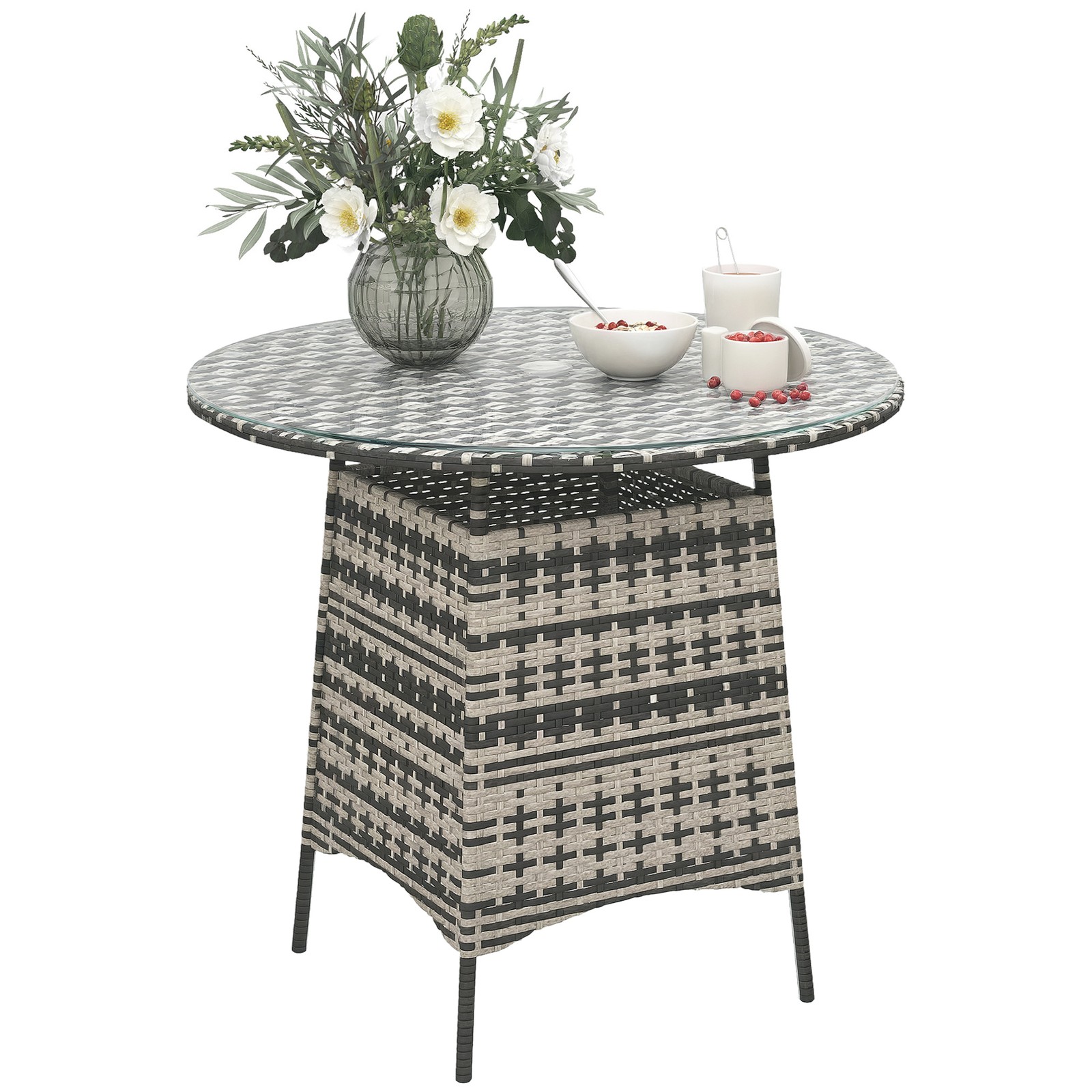 Outsunny Patio Furniture Rattan Garden Table with Umbrella Hole, Grey