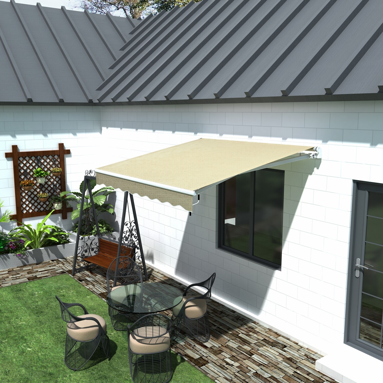 3 x 2.5 m Retractable Manual Awning Canopy Patio Sun Shade Shelter Cream DIY