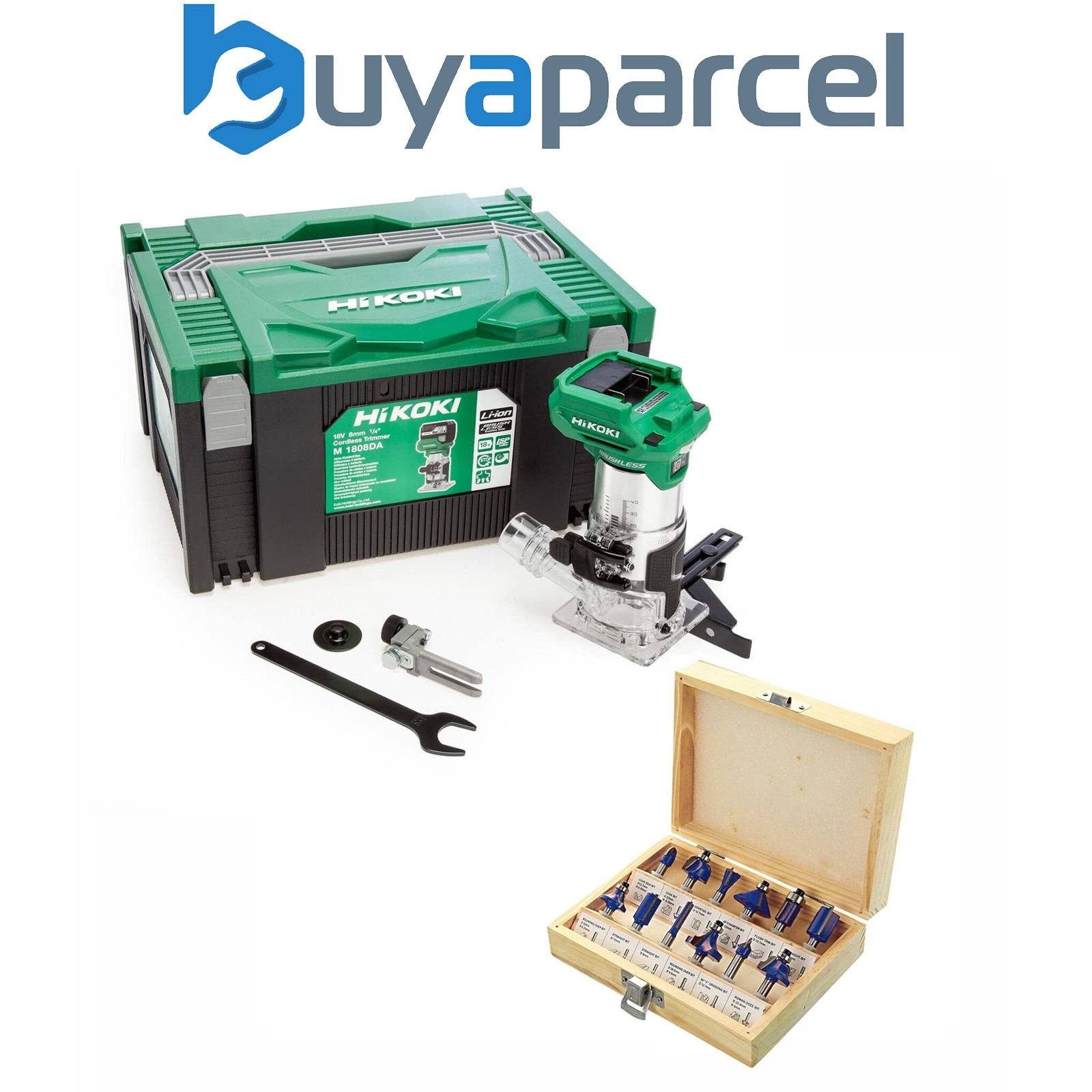 HiKOKI 1/4" Router M1808DAJ2Z 18V Brushless Laminate Trimmer Bare Unit + Bit Set