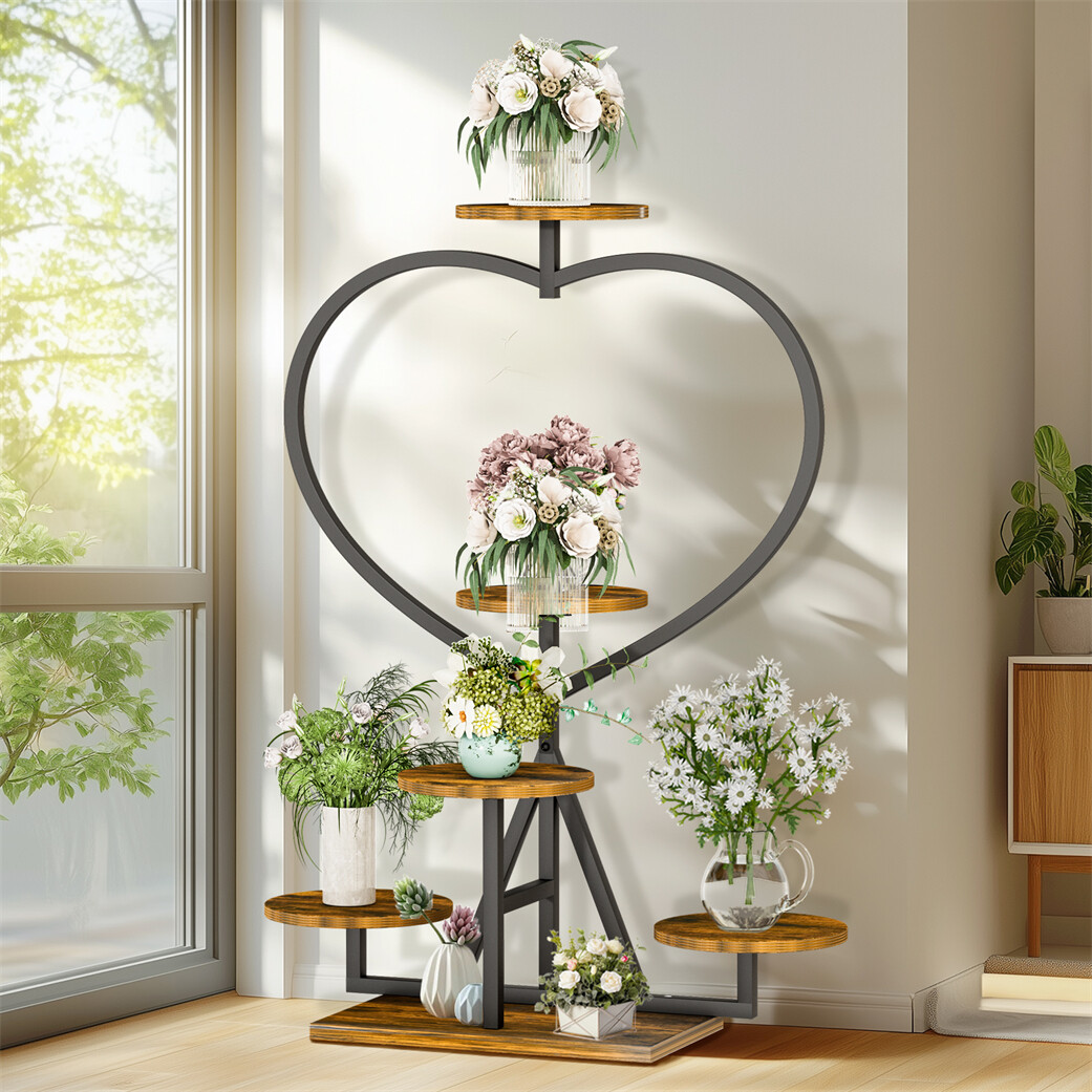 Strong Metal Plant Rack Floor Heart Shape Garden Flower Stand with 5 Pot Holders