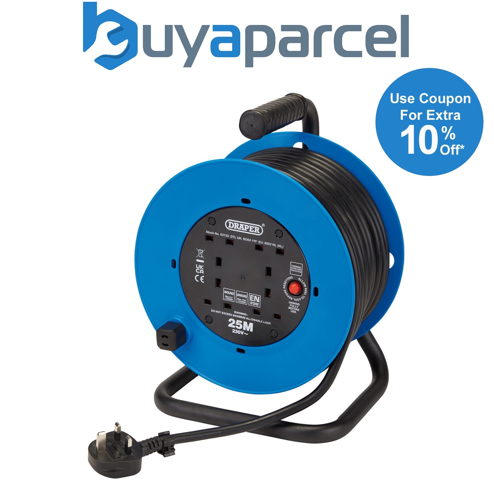 Draper 02122 230V Heavy Duty Industrial Four Socket Cable Reel, 25m