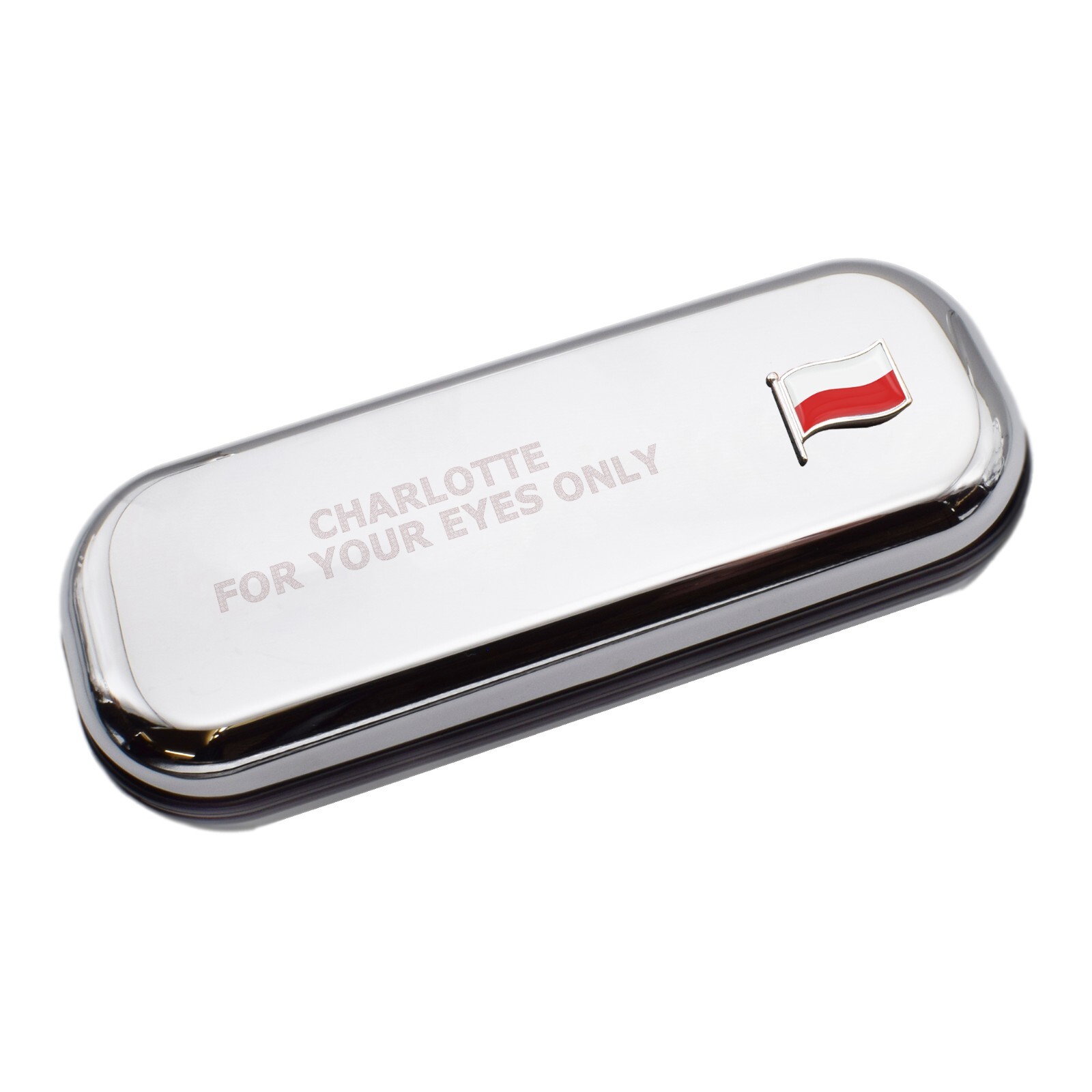 Poland Wave Flag & Engraved With Message Chromed Glasses Case Box