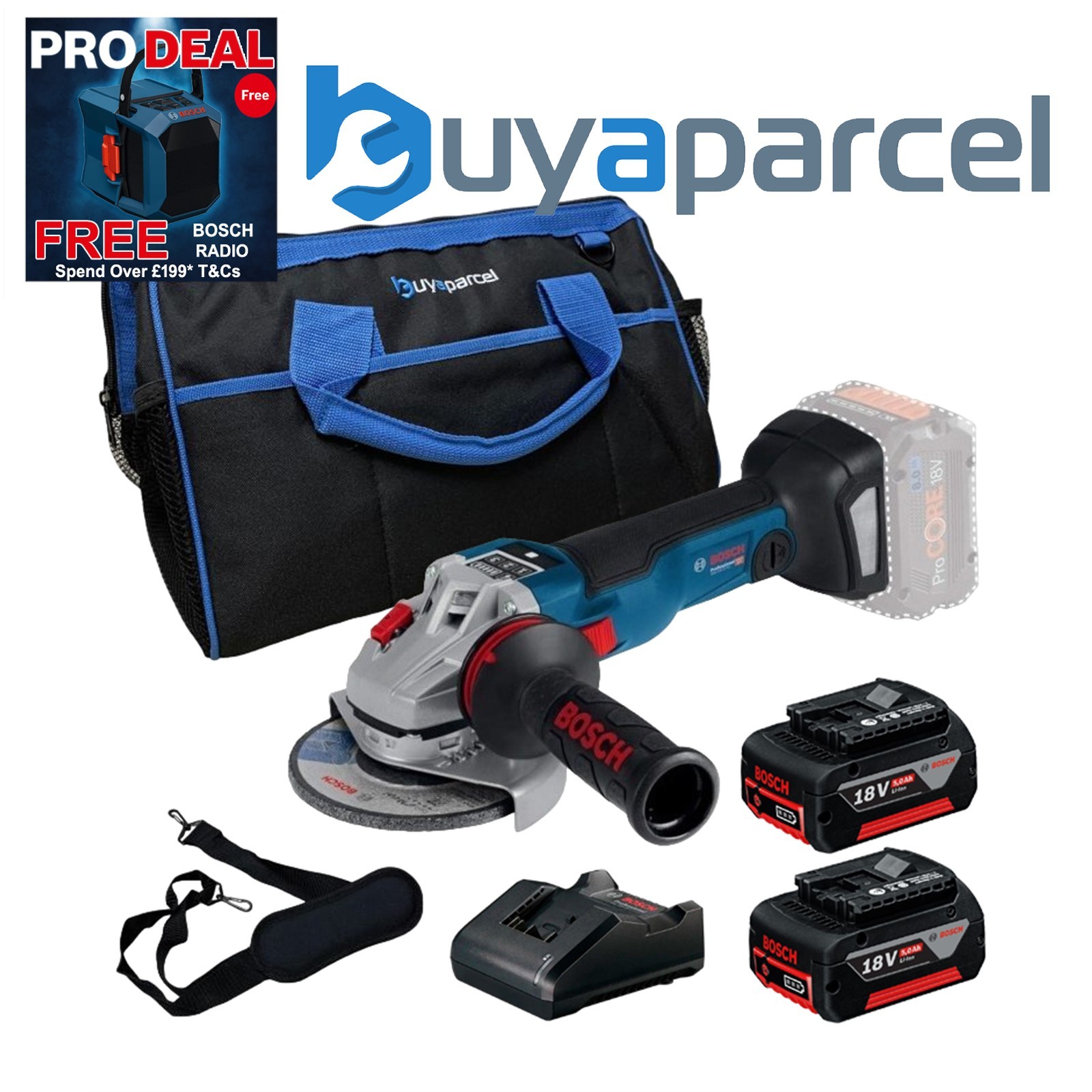 Bosch GWS V-10 115mm Brushless Cordless 18v Angle Grinder + X2 5AH Kit + 16" Bag