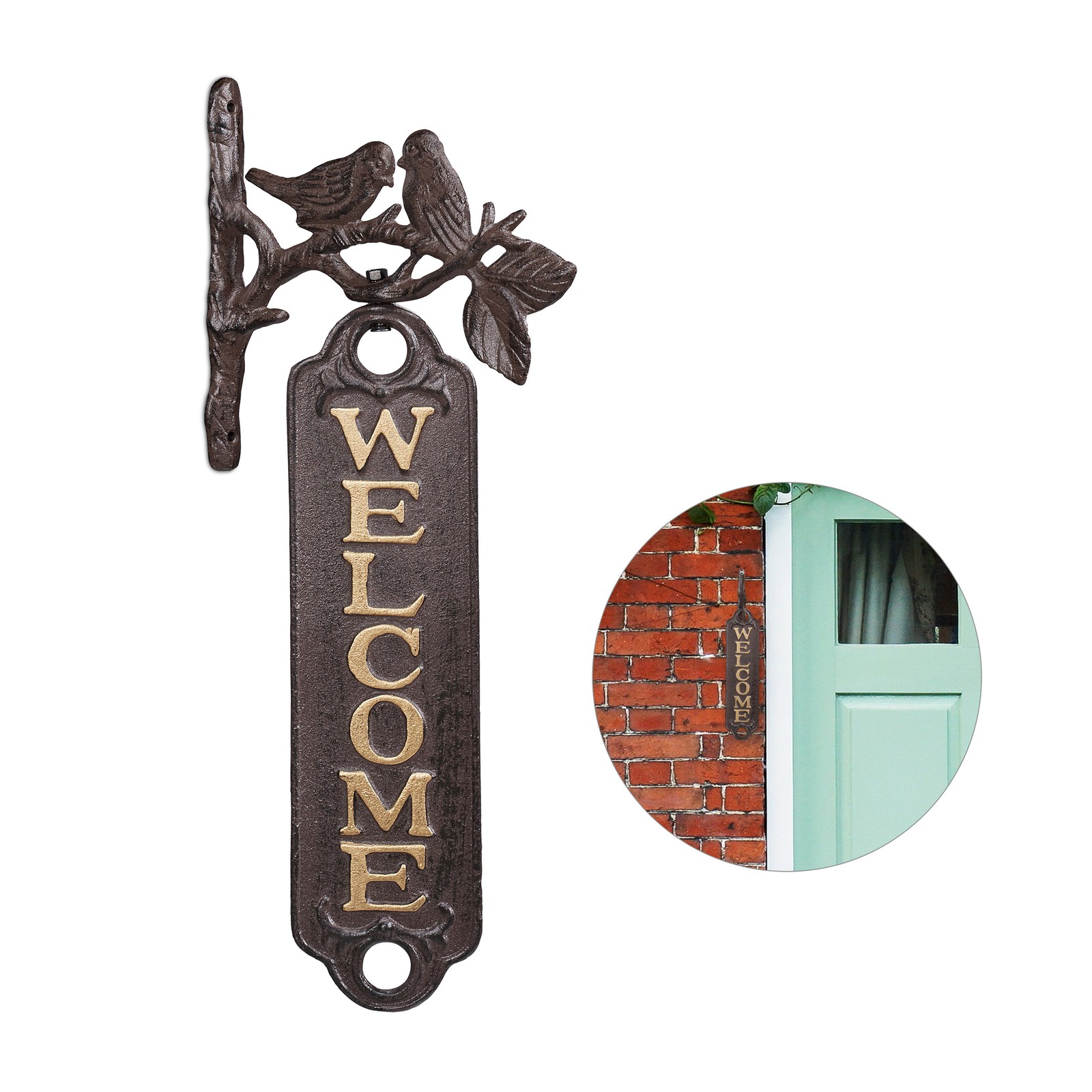 Set of 2 Door Signs Birds Welcome Decorative Cast Iron Greeting Wall Décor