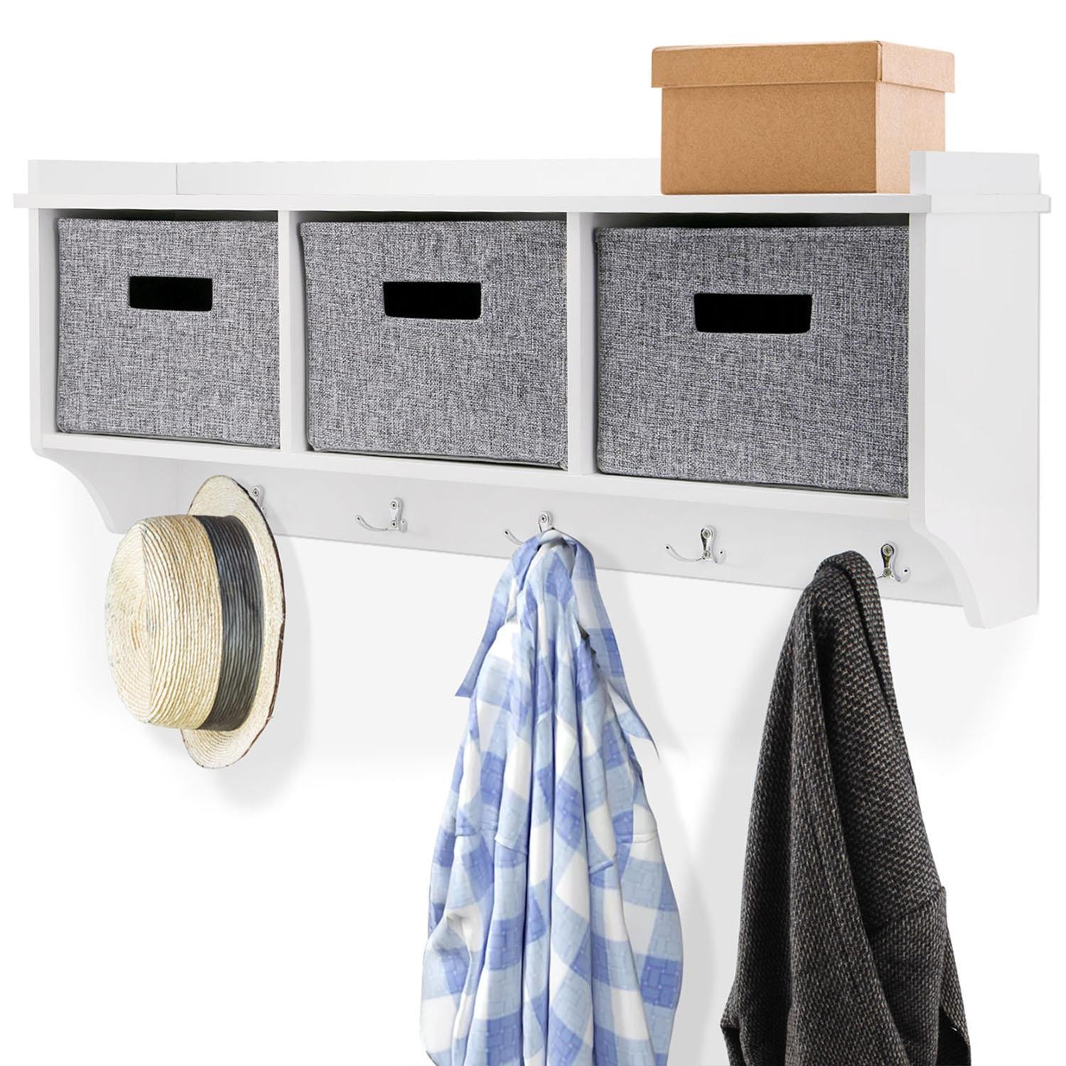 Wall Mounted Coat Rack White Shelf with 3 Grey Pull Out Baskets & 5 Double Hooks