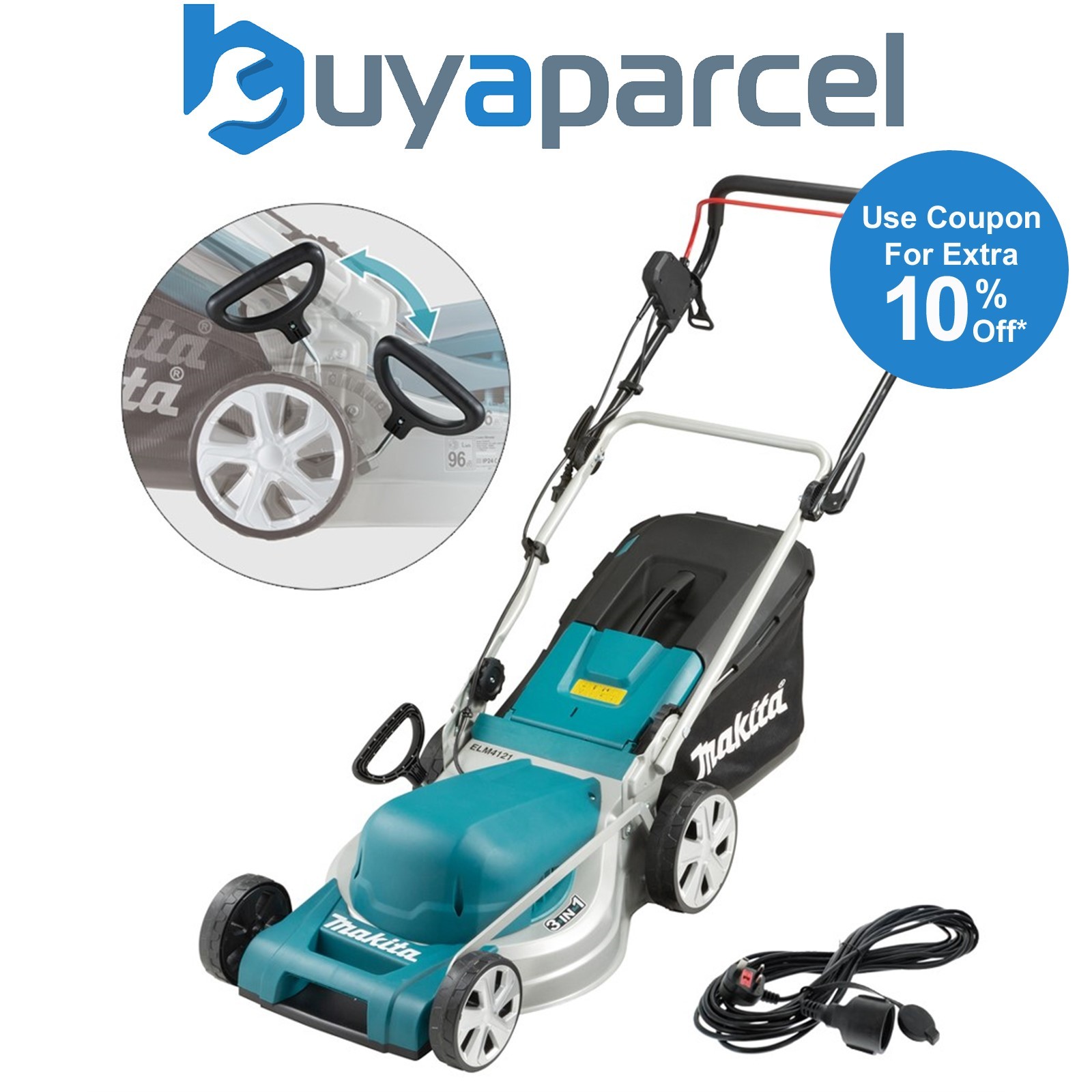 Makita ELM4121X 240V 41cm Corded Lawn Mower 1600w Steel Deck 410mm - 10m Cable