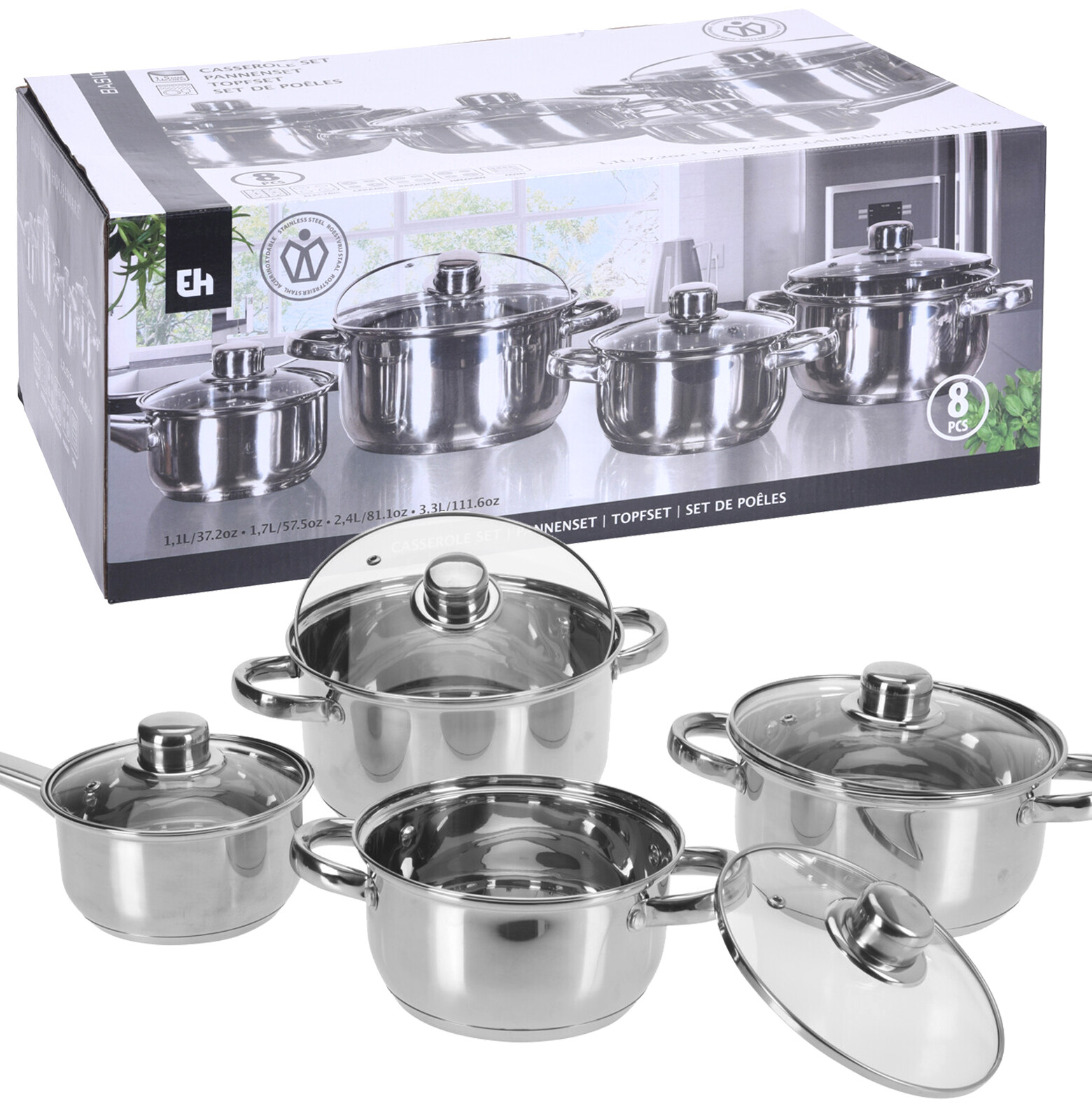 4 Piece Stainless Steel Casserole Stockpot Pan Dish With Glass Lids Kitchen Set