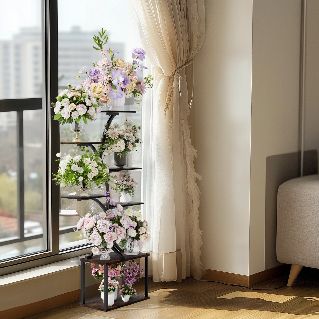 7 Tiers Metal Tree-Shaped Plant Shelf Indoor Flower Pots Display Organizer Stand