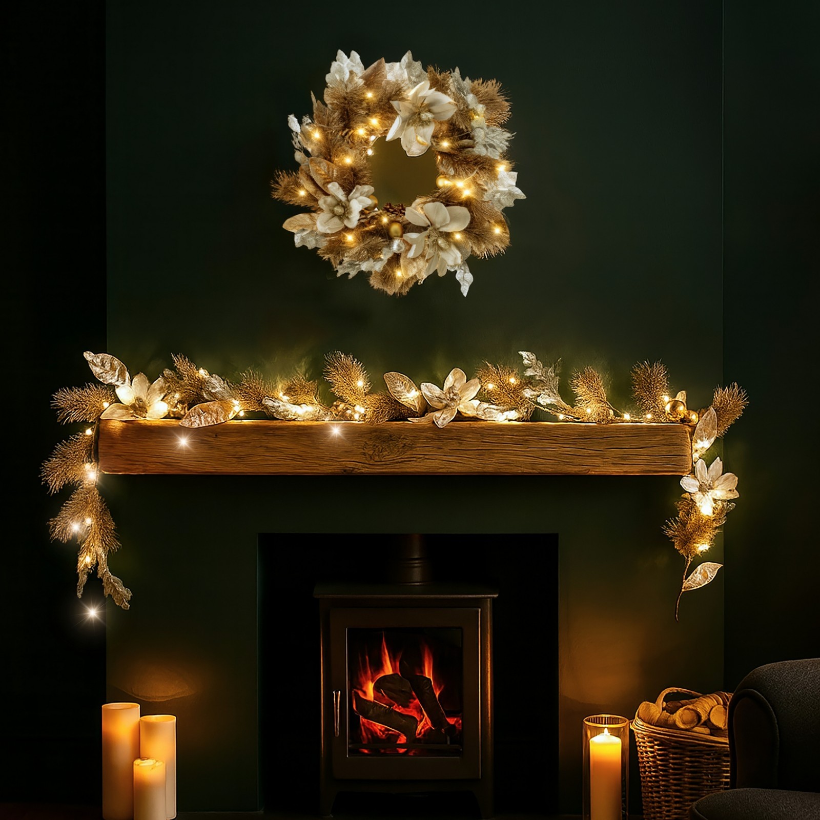Christmas Light Up Garland Wreath 2pc Set Gold Poinsettia Artificial Large Home