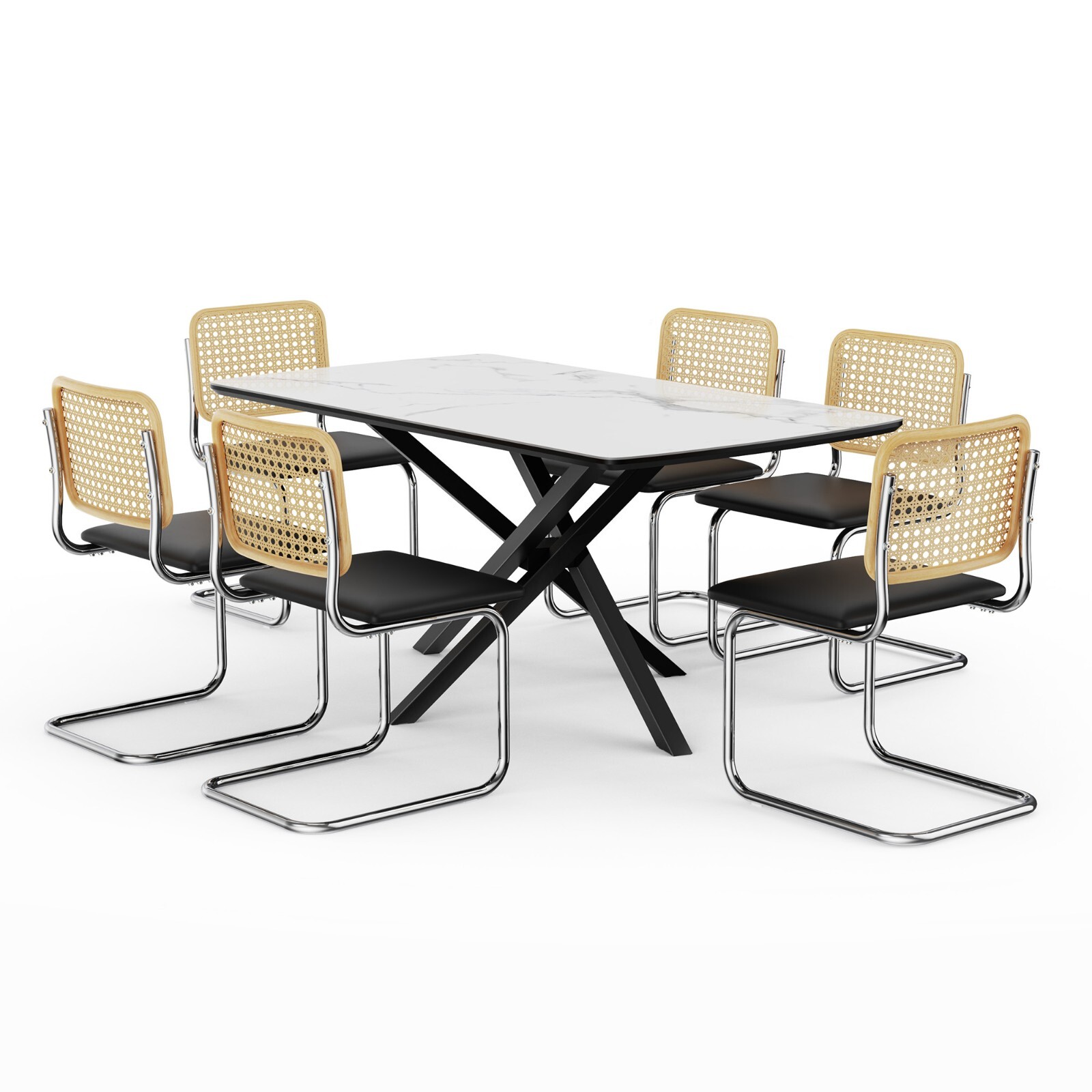 Dining Table & Chairs Set, Marble Effect Table with 6 Cantilever Chairs, VonHaus