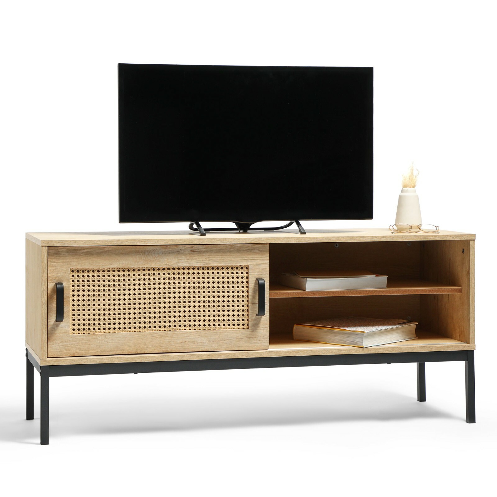 Rattan TV Unit Cabinet Stand Wood Effect | 1 Door Storage & 3 Shelves | VonHaus