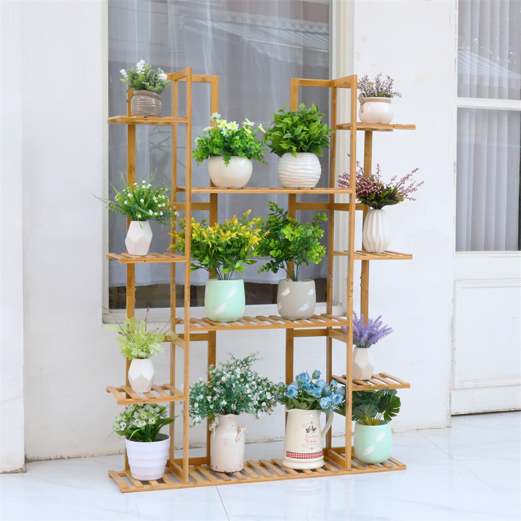 9 Tier Bamboo Plant Stand Corner Shelf Garden Flower Pot Display Storage Rack