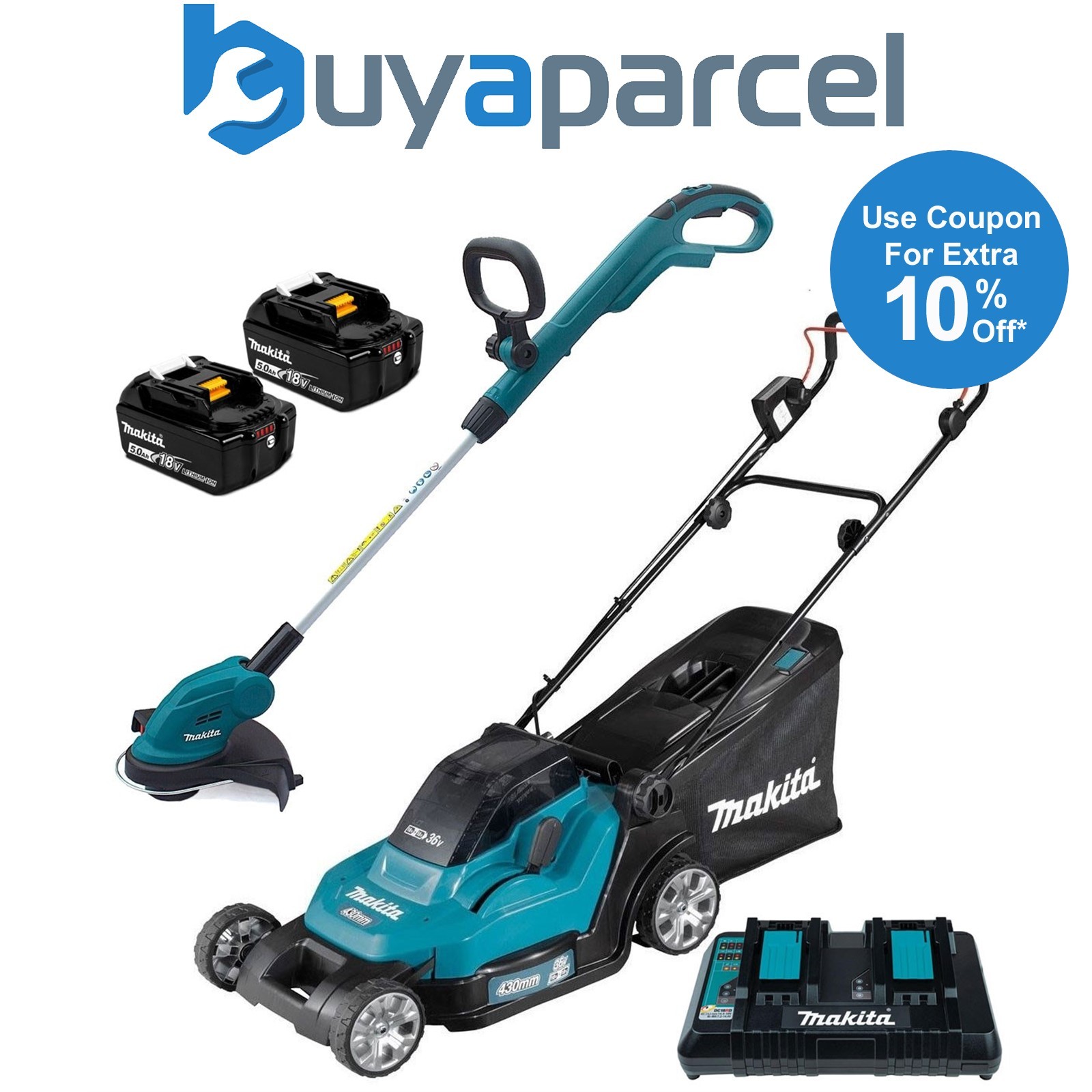 Makita DLM432PT2 18v / 36v LXT Cordless Battery Lawn Mower 2 x 5.0ah + Trimmer