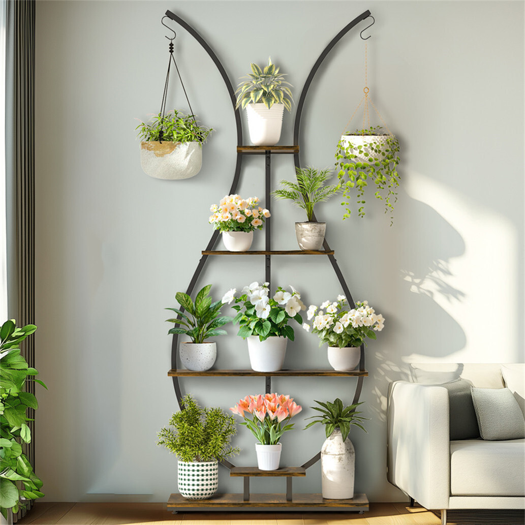 Multi-Purpose Flower Plant Stand Open Book Shelf Display Rack with S-Hooks