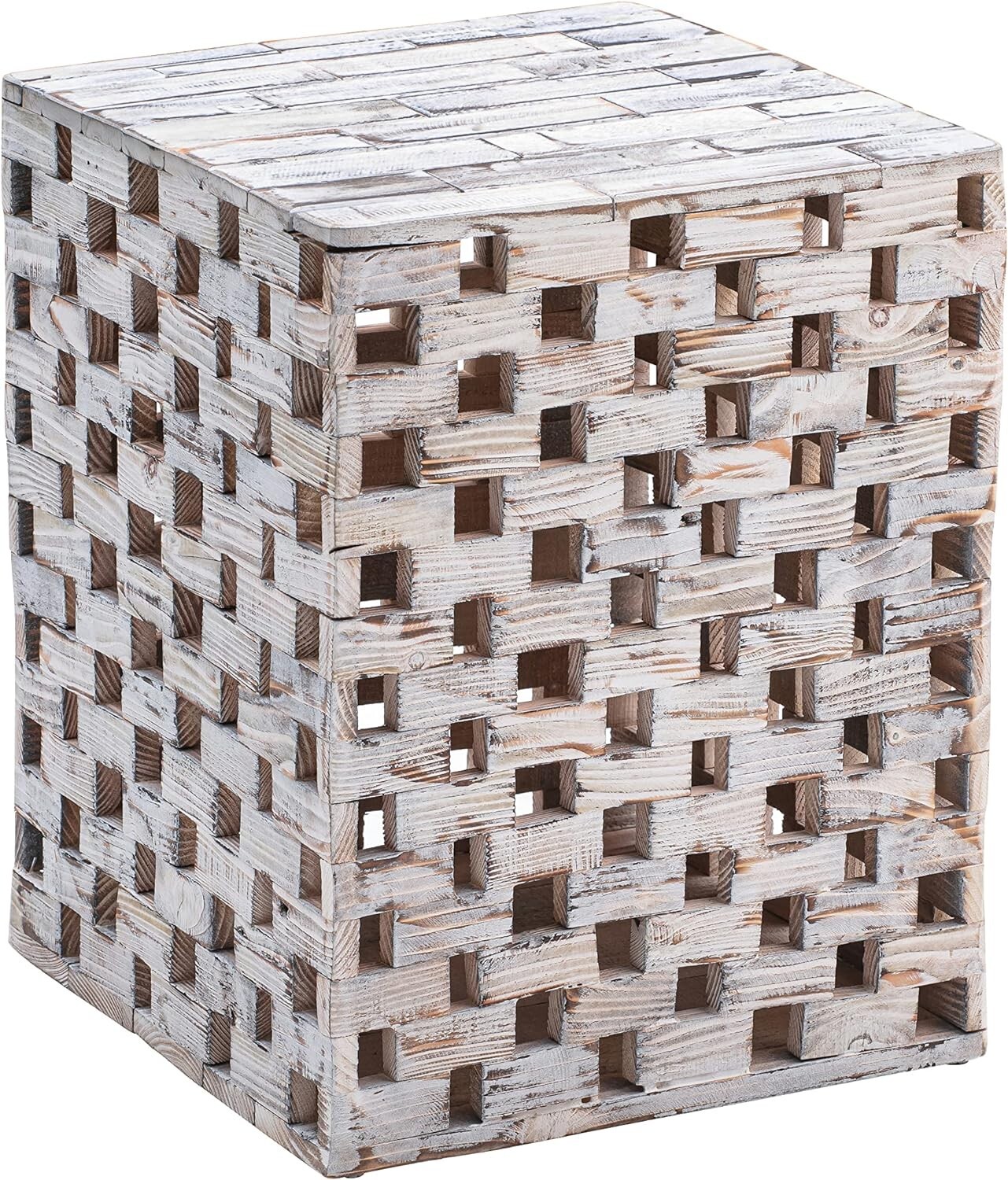 Outdoor & Indoor Recycled Chequered Wood Stool Seat And Plant Stand Table White