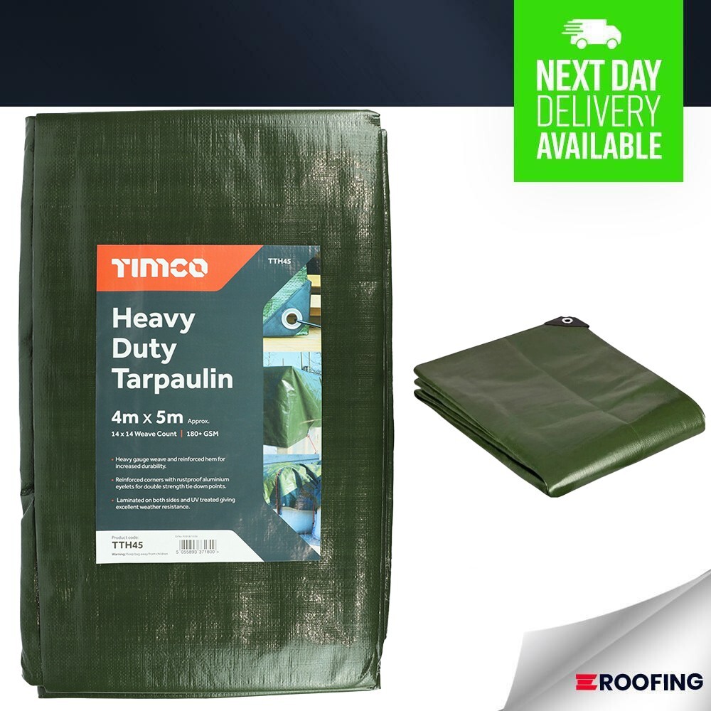 Timco 4m x 5m Heavy Duty Tarpaulin Green, Waterproof Cover / Ground Sheet