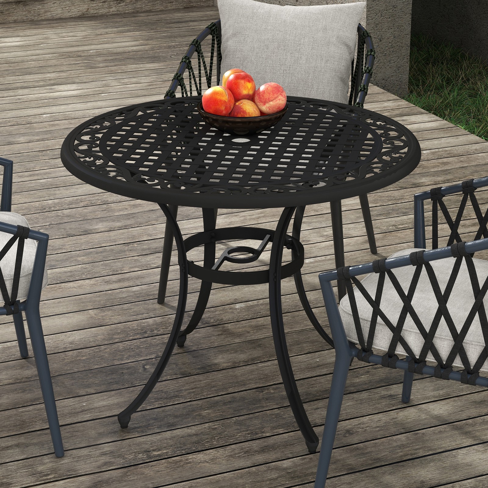 Garden Table with Parasol Hole for 2-4, Cast Aluminium Coffee Table - Black