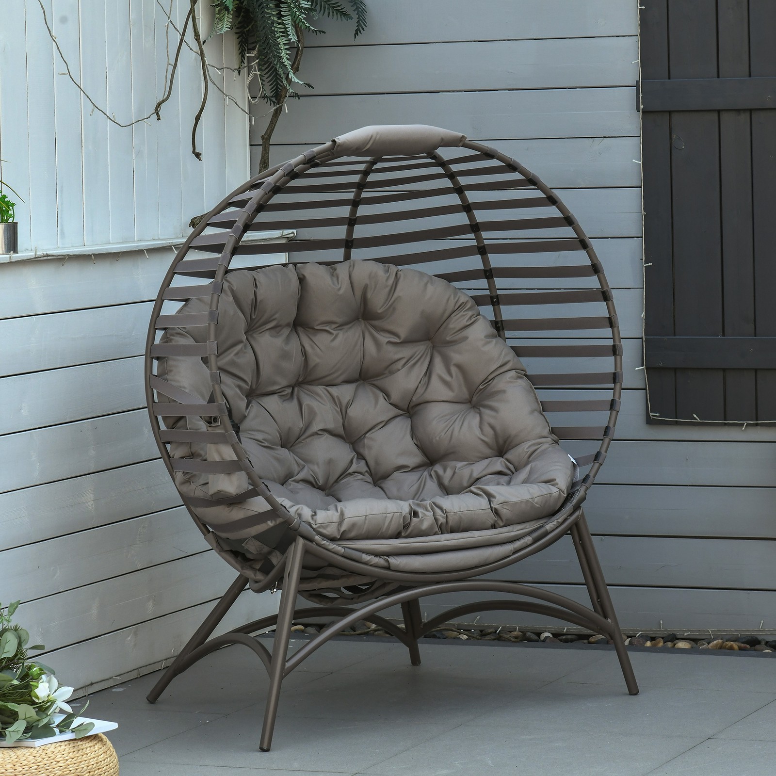Egg Chair with Soft Cushion Steel Garden Basket Chair for Outdoor, Brown