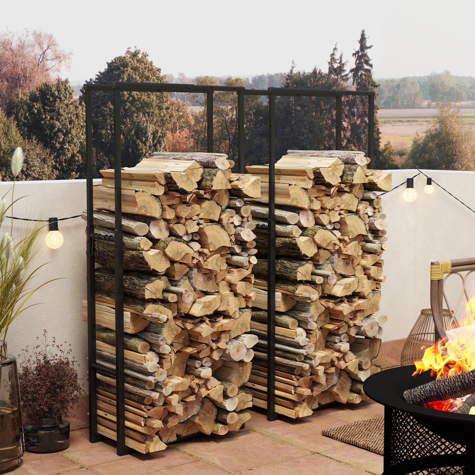 100-150cm Retractable Fireplace Wood Store Rack, 2 Pack Metal Log Storage Shelf