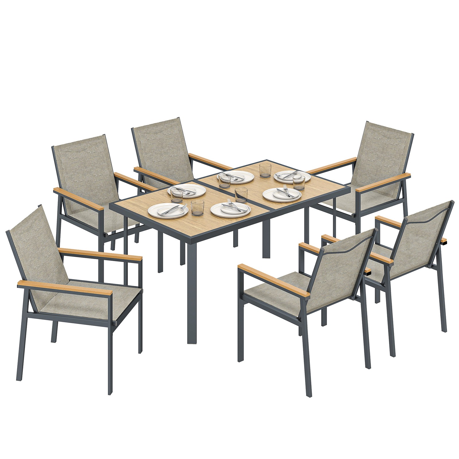 Outsunny 7 Piece Garden Dining Set, Outdoor Table and 6 Chairs, Khaki