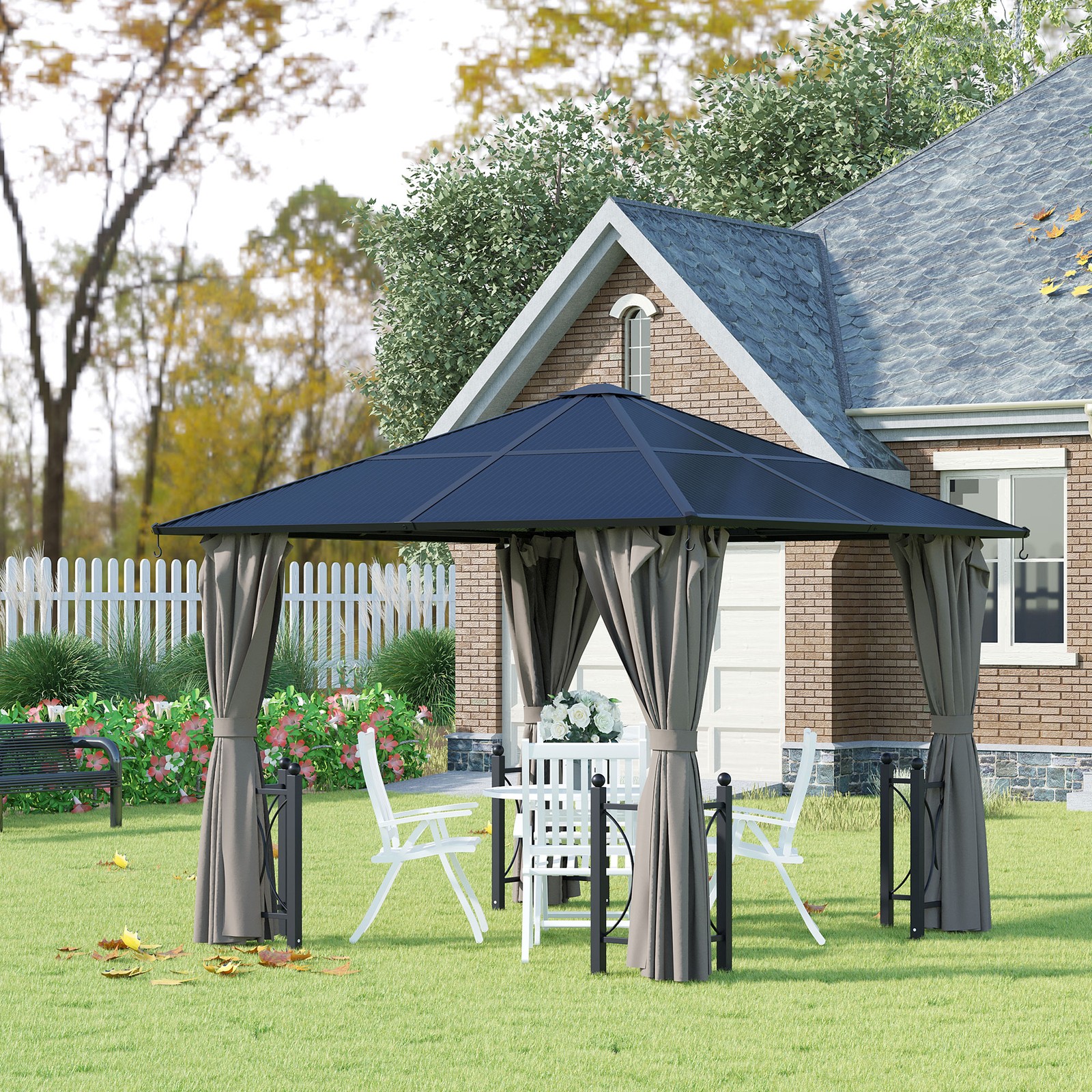 3 x 3(m) Hardtop Gazebo Canopy with Polycarbonate Roof, Netting and Curtains