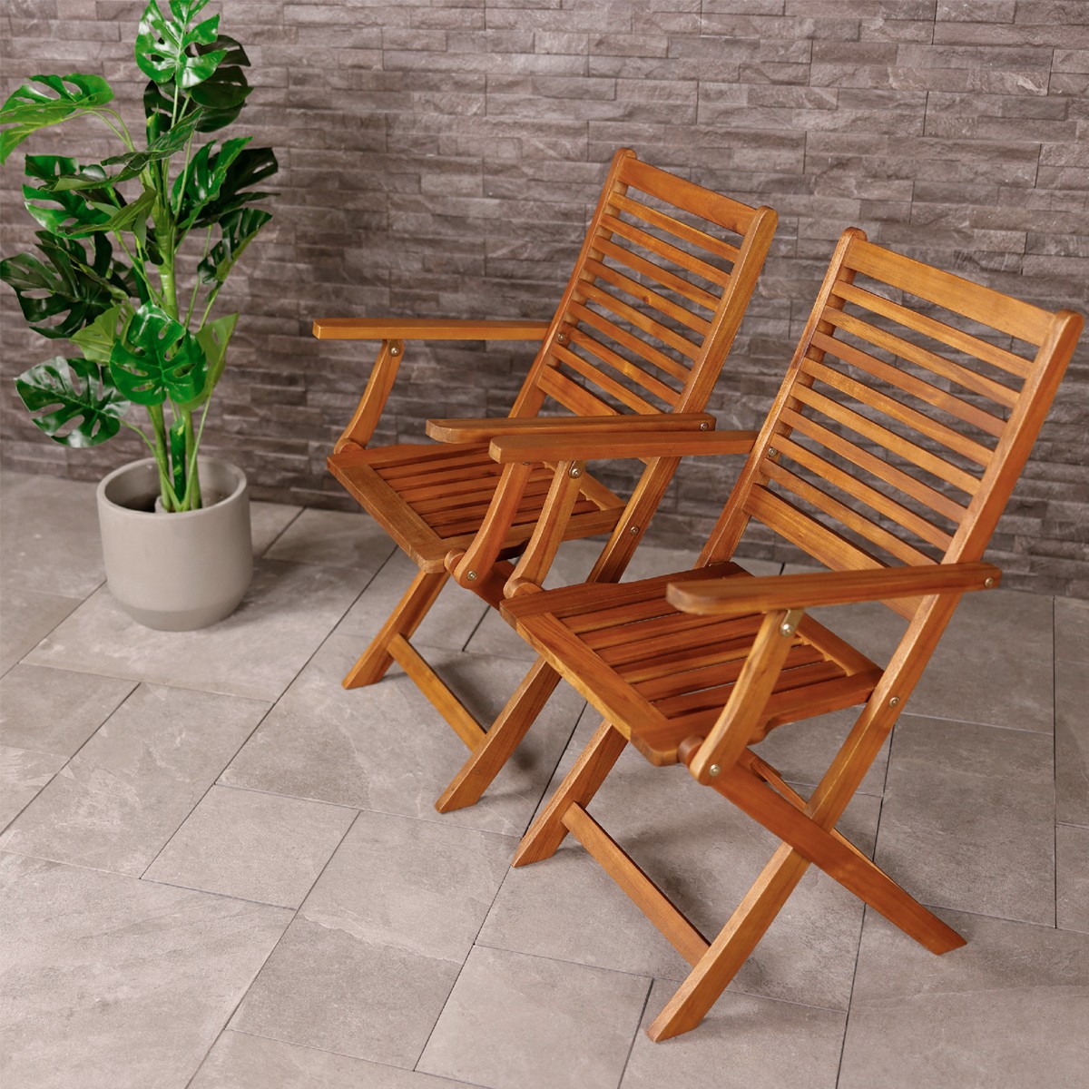 Charles Bentley FSC Acacia Wooden Pair of Foldable Outdoor Dining Armchairs