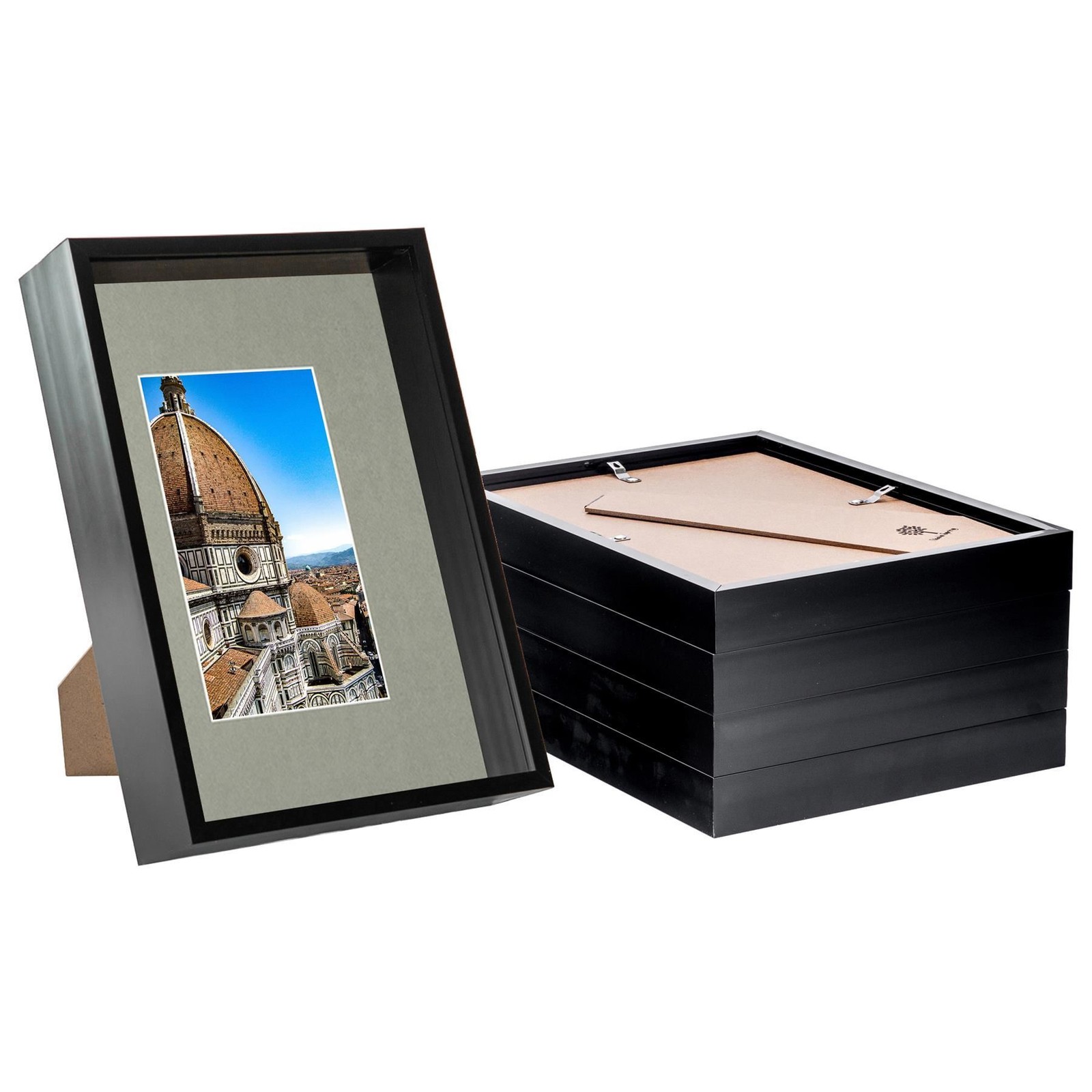 5x Black A4 (8" x 12") 3D Deep Box Frames with Grey A5 Mount Shadow Display