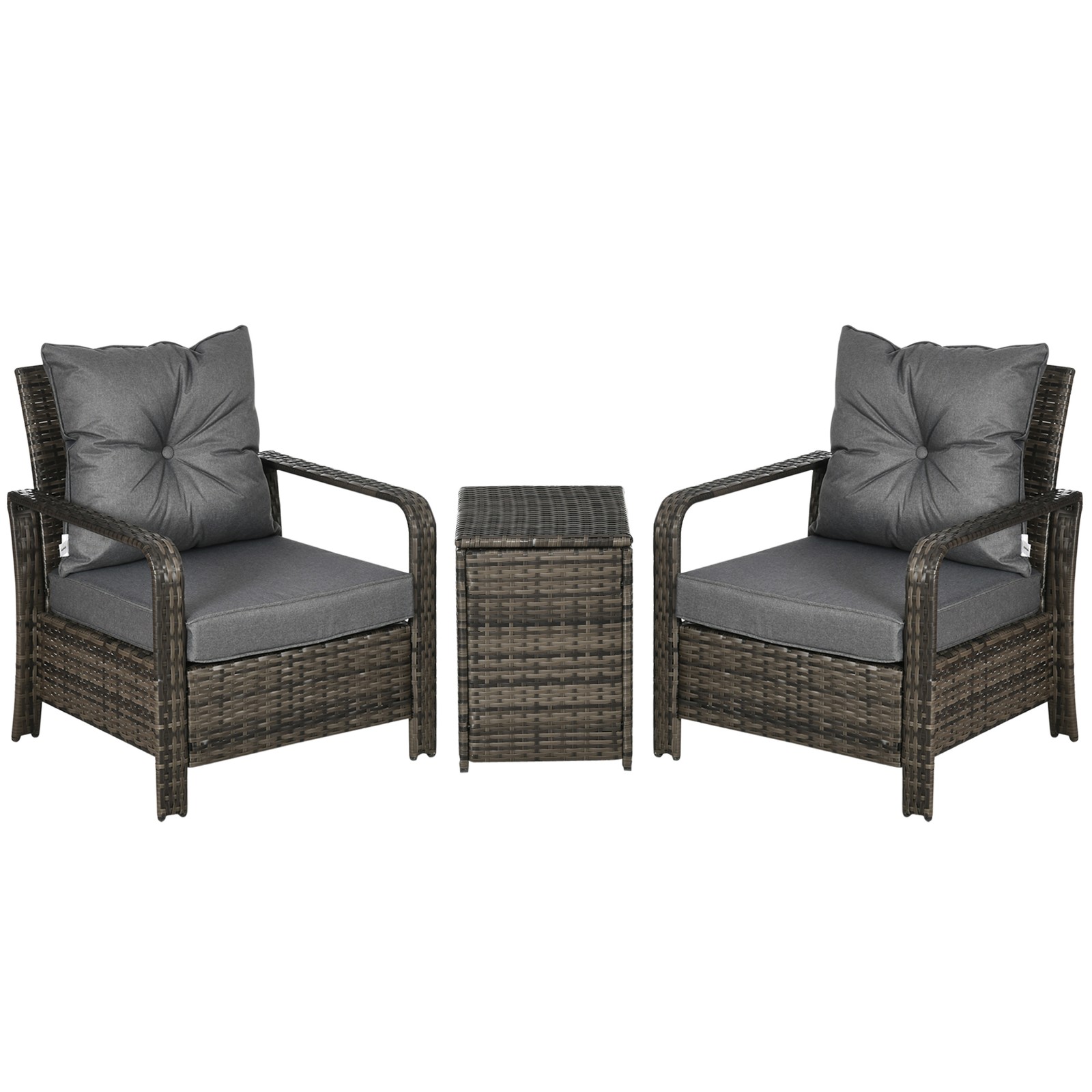 Outsunny 3 Piece PE Rattan Garden Sofa Set w/ 2 Chairs & Storage Table Grey