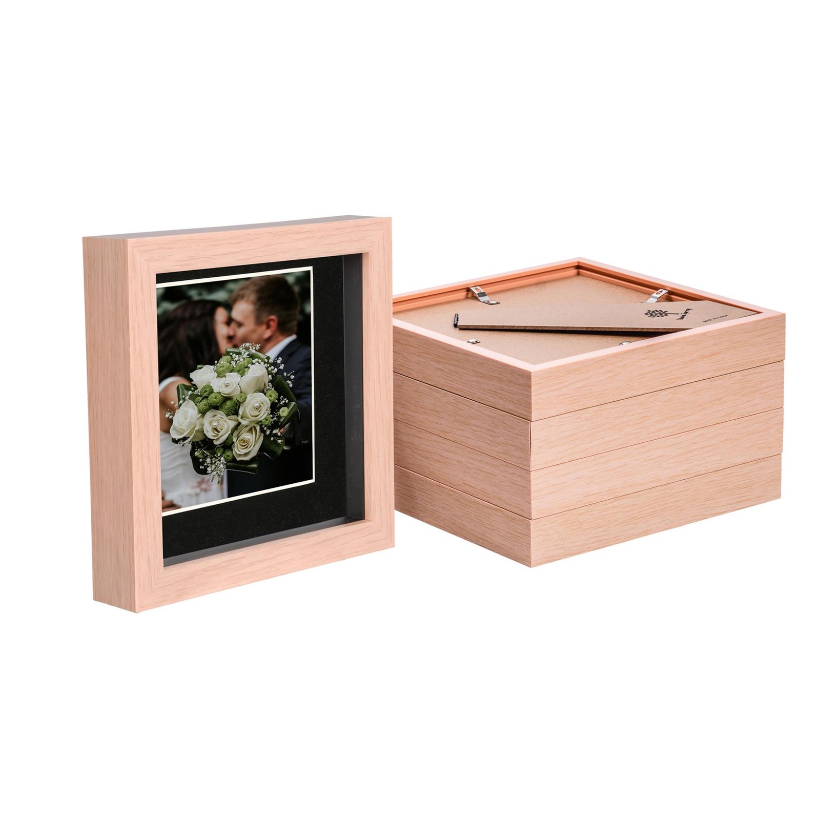 5x Light Wood 6" x 6" 3D Box Photo Frames Black 4" x 4" Mount Shadow Picture