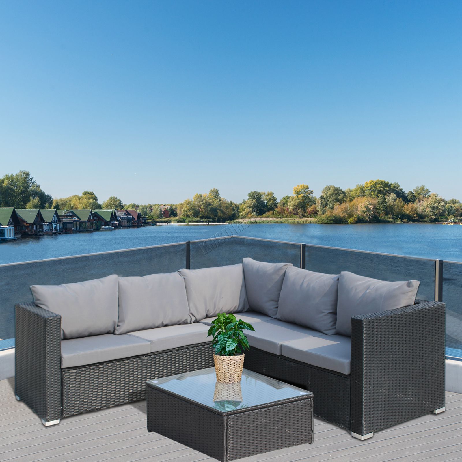 Outdoor L-Shape Rattan Sofa Glass Coffee Table 5-Seat Garden Furniture Set Black