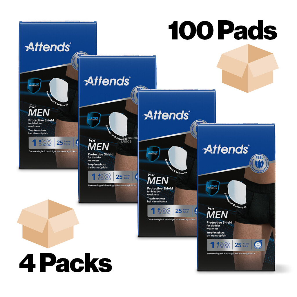 ATTENDS Shield Level 1 Incontinence Pads for Men - 4 packs of 25 (100 Pads)
