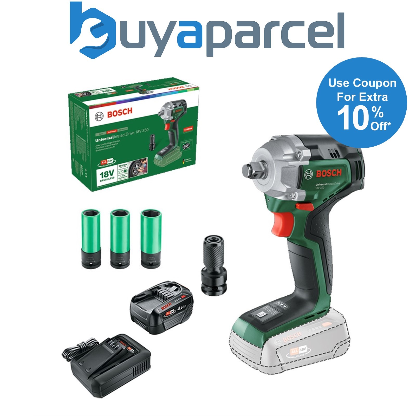 Bosch 0603980305 18v 1/2" Impact Wrench UniversalImpactDrive + 4AH Battery Kit
