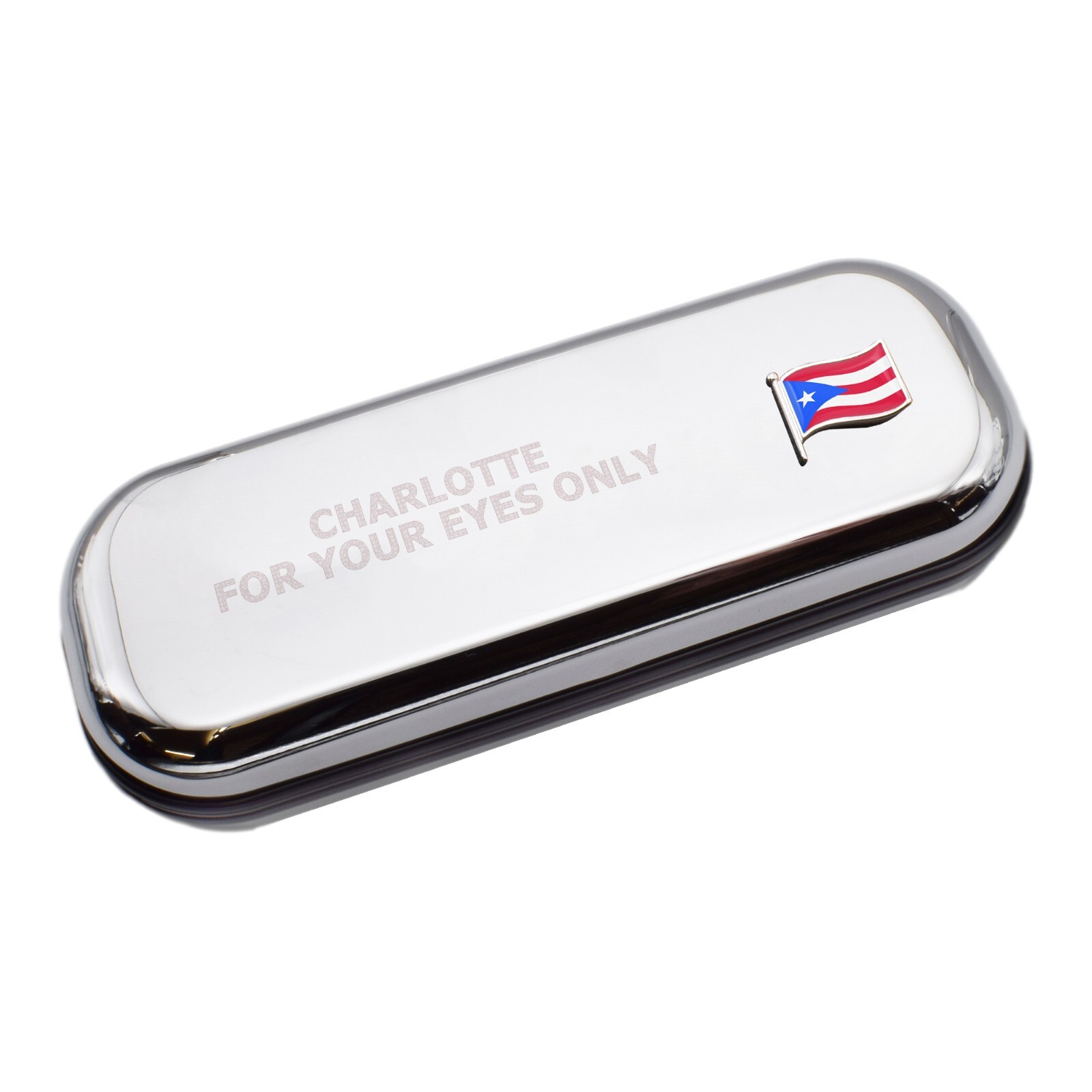 Puerto Rico Wave Flag & Engraved With Message Chromed Glasses Case Box