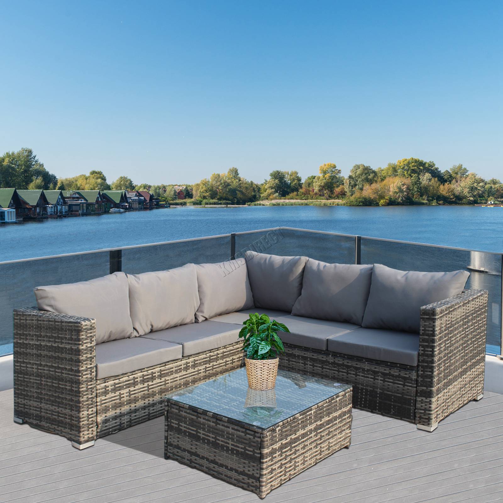 Outdoor L-Shape Rattan Sofa Glass Coffee Table 5-Seat Garden Furniture Set Grey