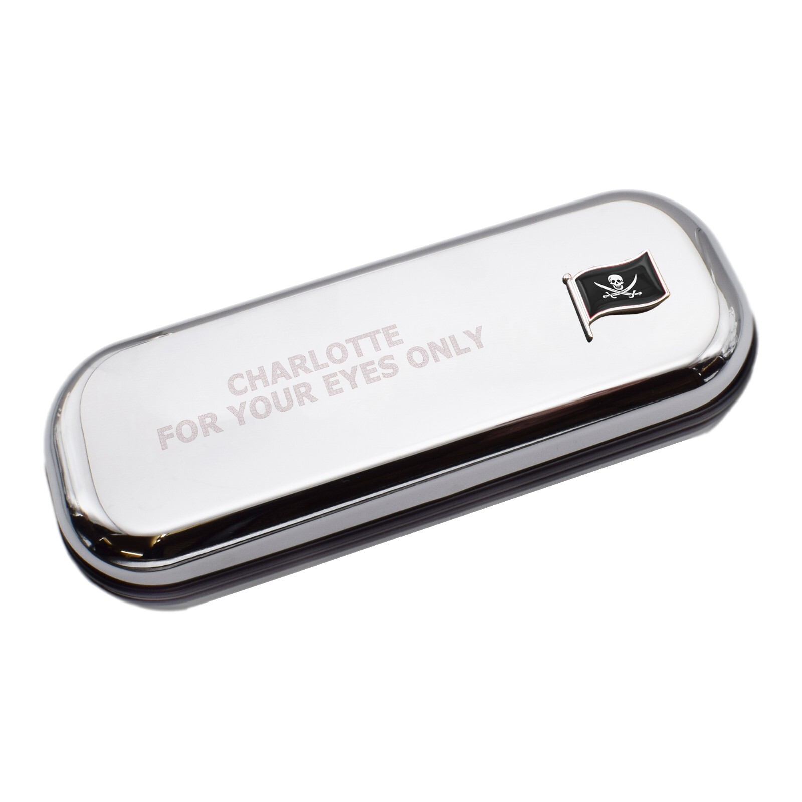Jolly Roger Wave Flag & Engraved With Message Chromed Glasses Case Box