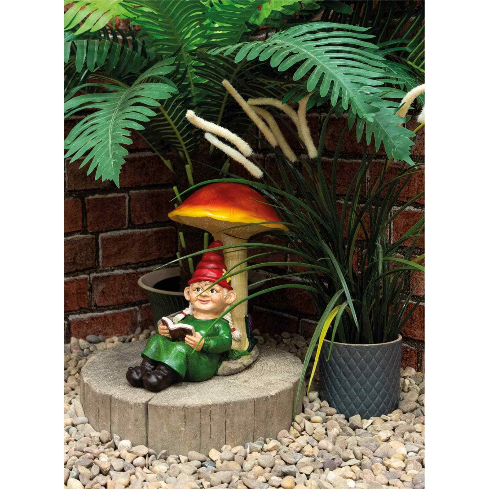 Solar Garden Ornament Red Hat Mushroom Gnome with Book