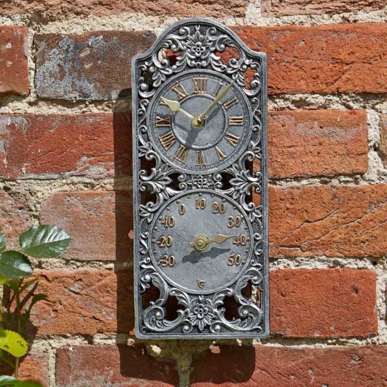 Garden Wall Clock Thermometer Indoor/Outdoor Large Classic Metal Resin Modern