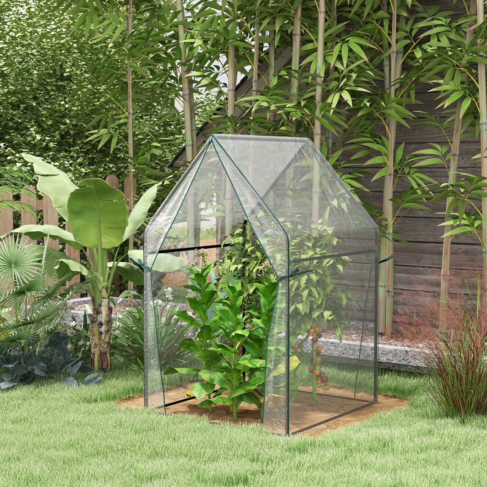 Portable Mini Greenhouse with 2 Zipped Doors, Tomato Growhouse, 90 x 90 x 145cm