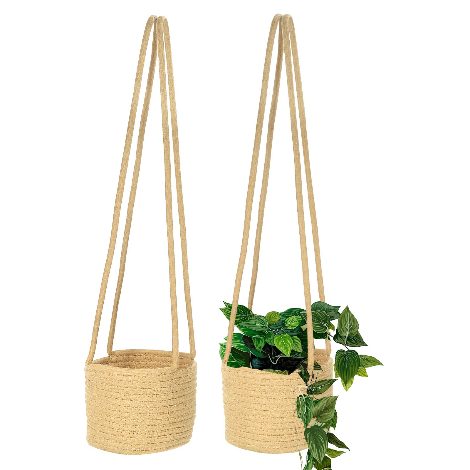 2 Pack Woven Hanging Planter Plant Basket with 28" Hanging Rope, Brown