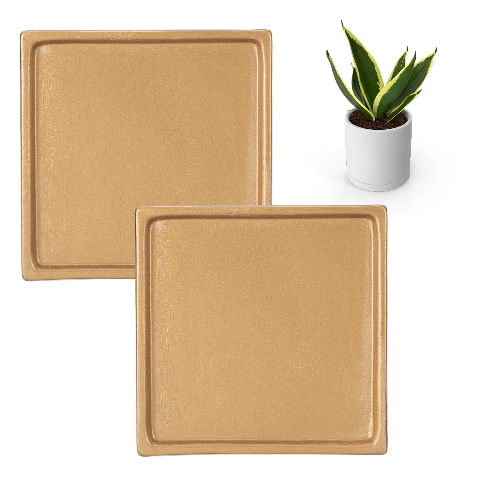 2 Pcs Square Plant Saucers, 4.7 Inch Plant Trays for Pots, Gold