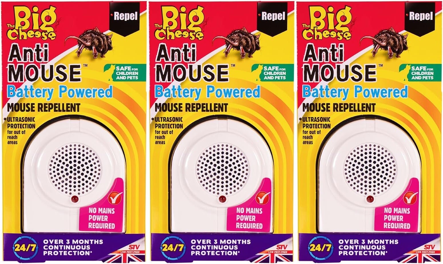 3x The Big Cheese Mice Rat Repeller Deterrent Ultrasonic Battery Operated STV820